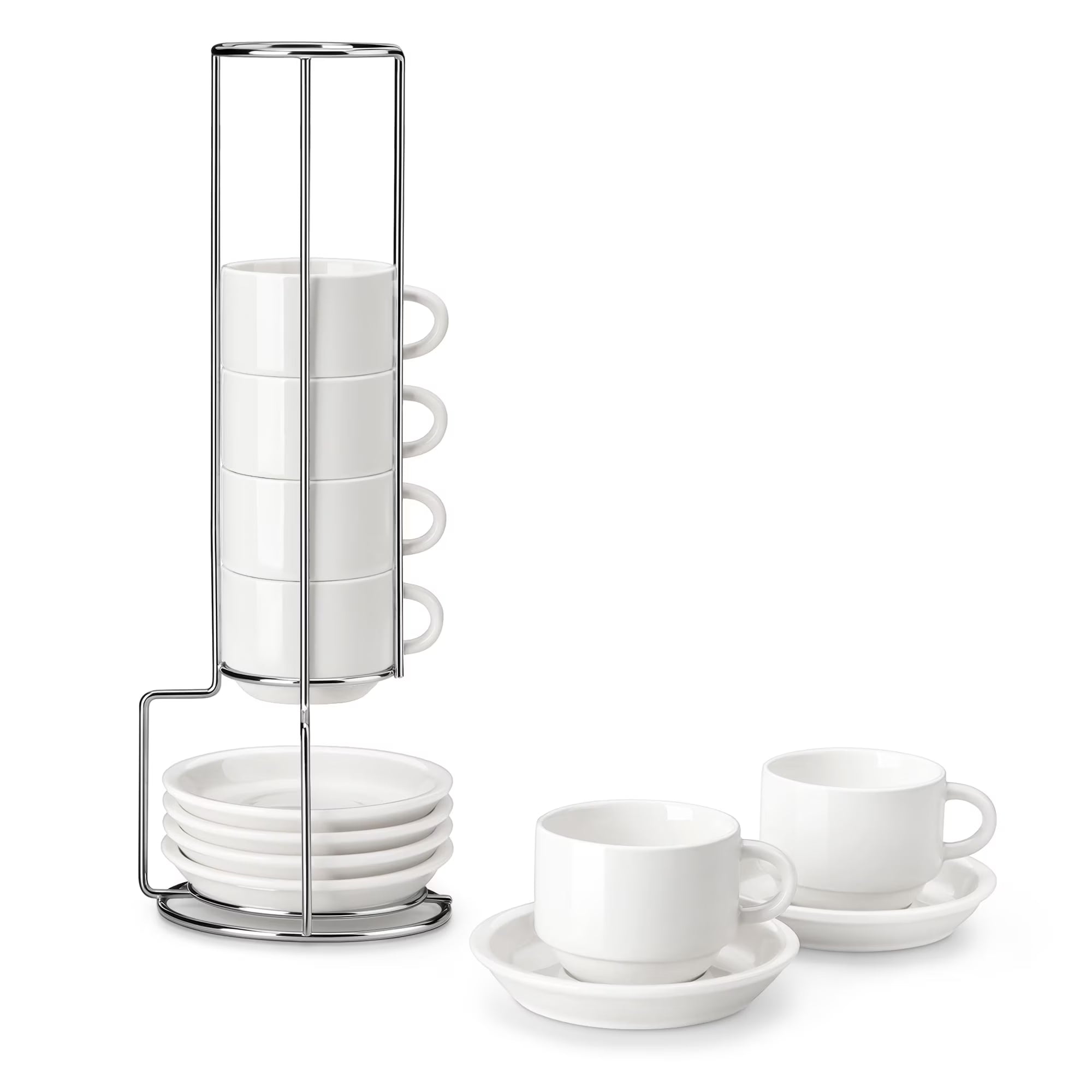 malacasa Coffee Mug Set, Espresso Mugs Cups Set of 6, 4oz Porcelain Stackable Espresso Cups with Saucers and Metal Stand for Cappuccino, Coffee Drinks, Latte, Tea