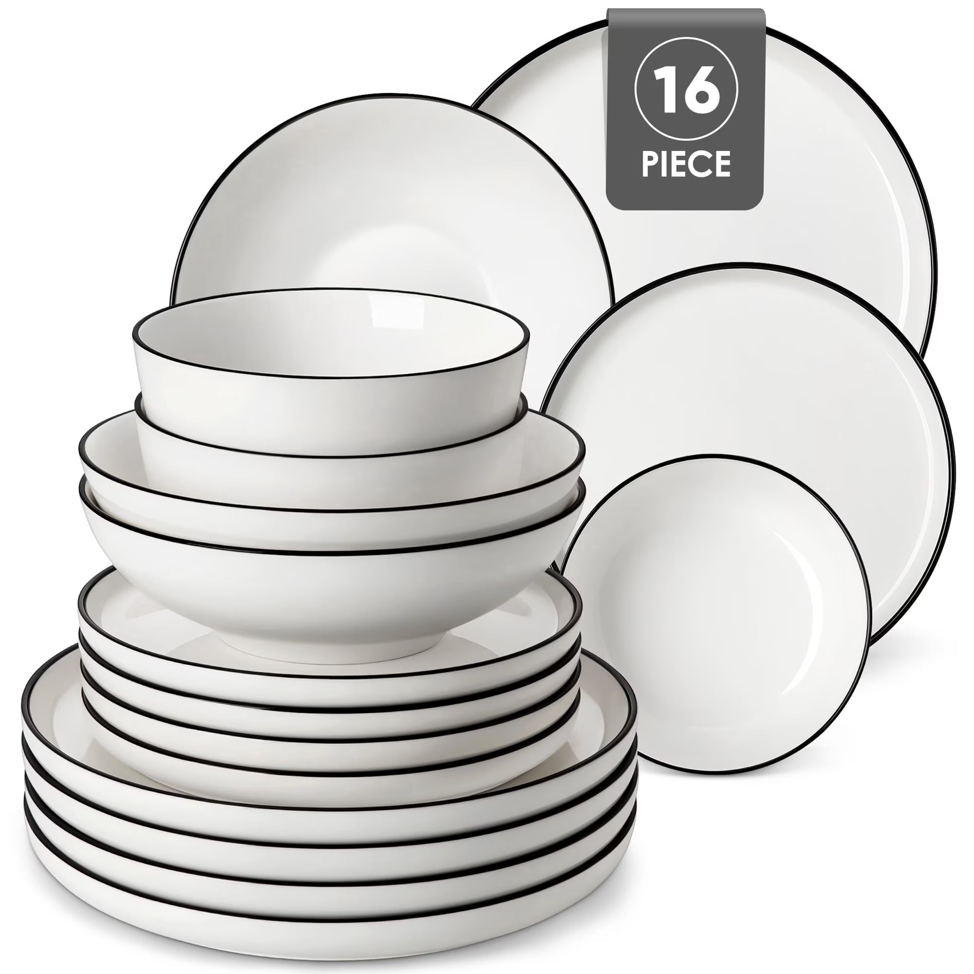 MALACASA Ceramic Dinnerware Set 16-Piece, Service for 4, Plates Bowls Set with Black Rim Microwave Dishwasher Safe, White, Series MINA