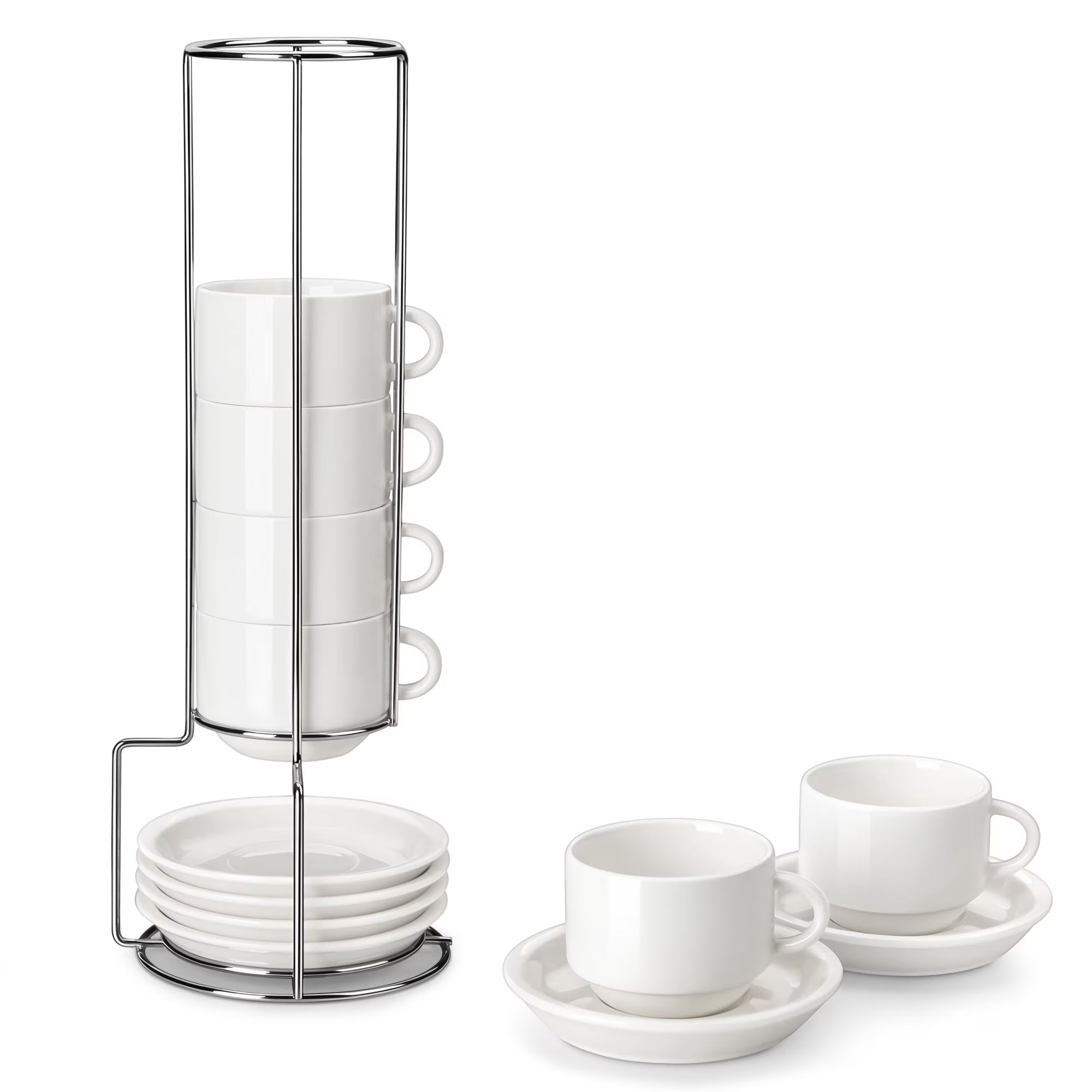 MALACASA Coffee Mug Set, Espresso Mugs Cups Set of 6, 8oz Porcelain Stackable Espresso Cups with Saucers and Metal Stand for Cappuccino, Coffee Drinks, Latte, Tea