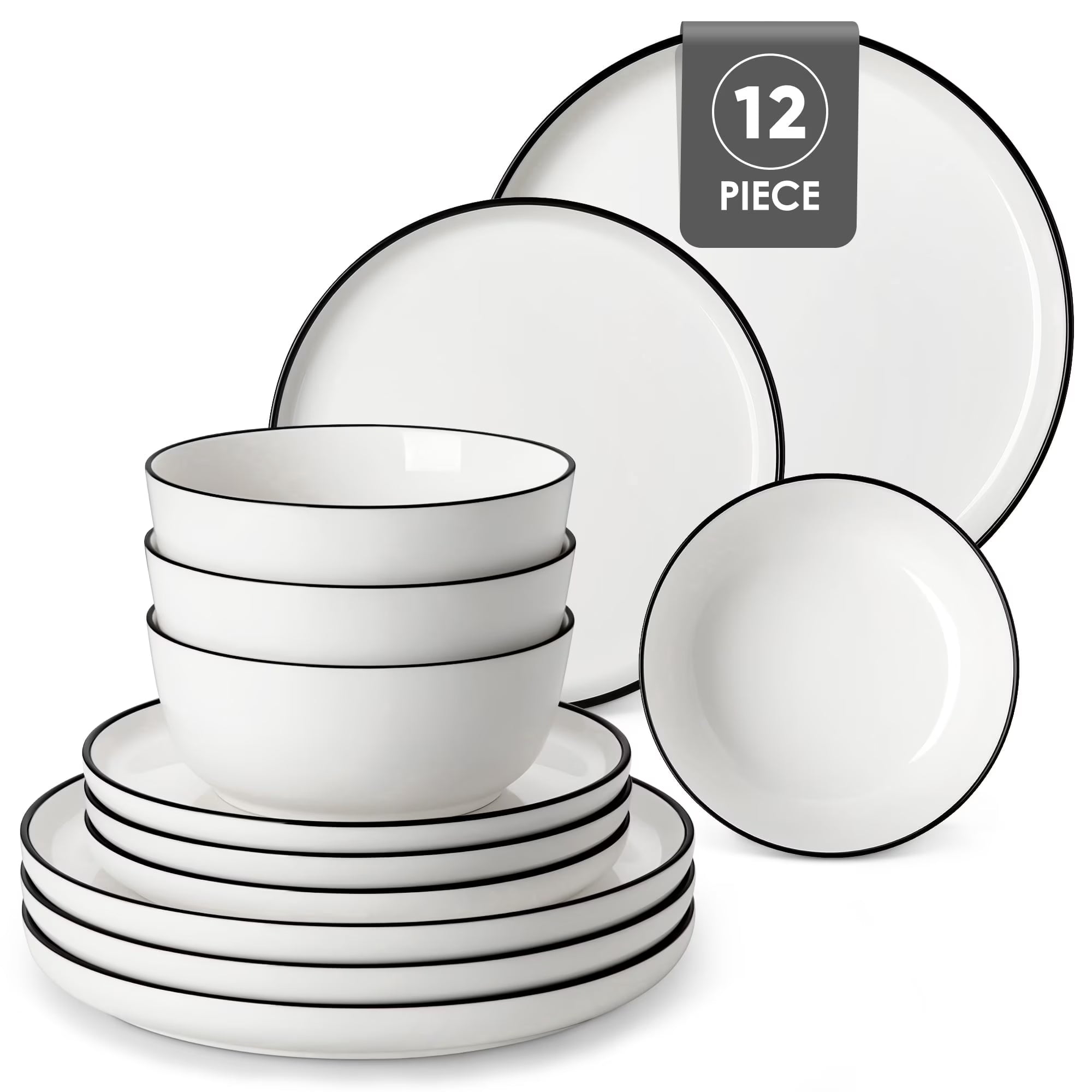 MALACASA Ceramic Dinnerware Set 12-Piece, Service for 4, Plates Bowls Set with Black Rim Microwave Dishwasher Safe, White, Series MINA