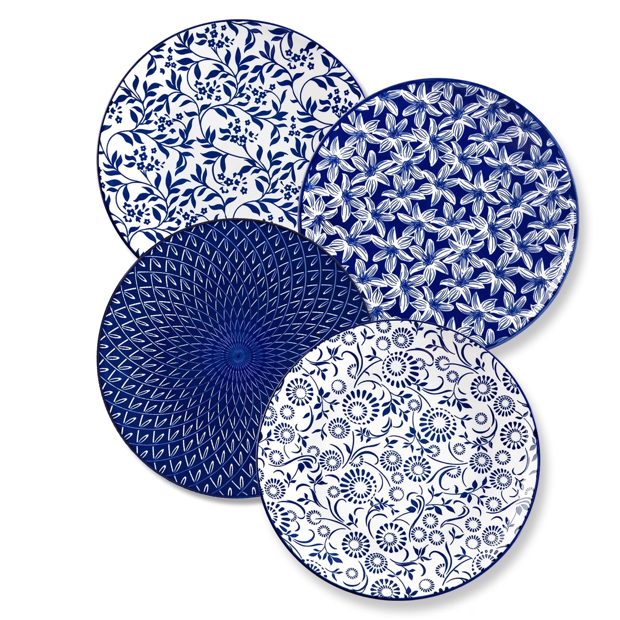MALACASA Porcelain Dinner Plates Set of 4, 10.25-inch Blue Floral Dinner Plates, Microwave Dishwasher Safe, Series SELENE