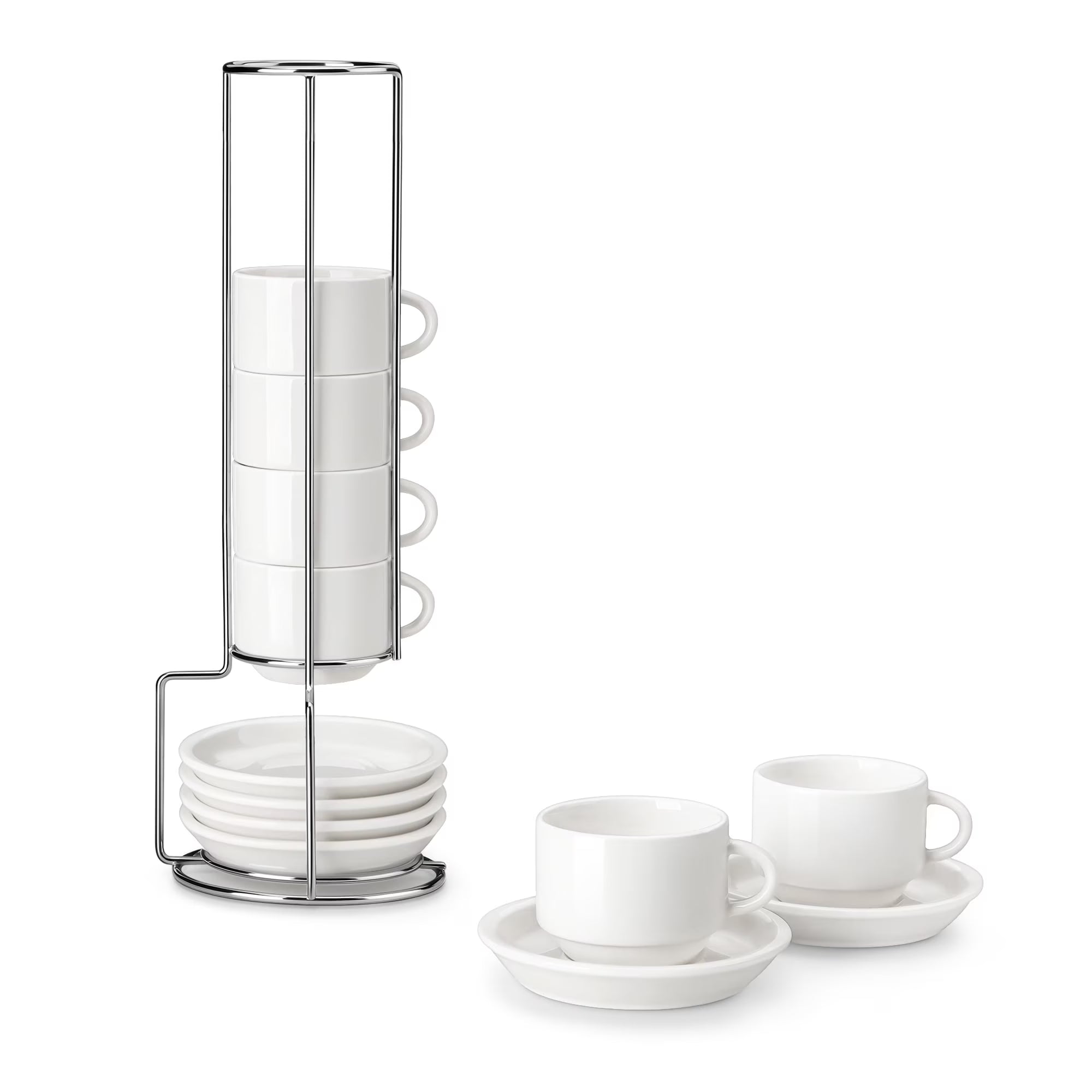 malacasa Coffee Mug Set, Espresso Mugs Cups Set of 6, 2.5oz Porcelain Stackable Espresso Cups with Saucers and Metal Stand for Cappuccino, Coffee Drinks, Latte, Tea