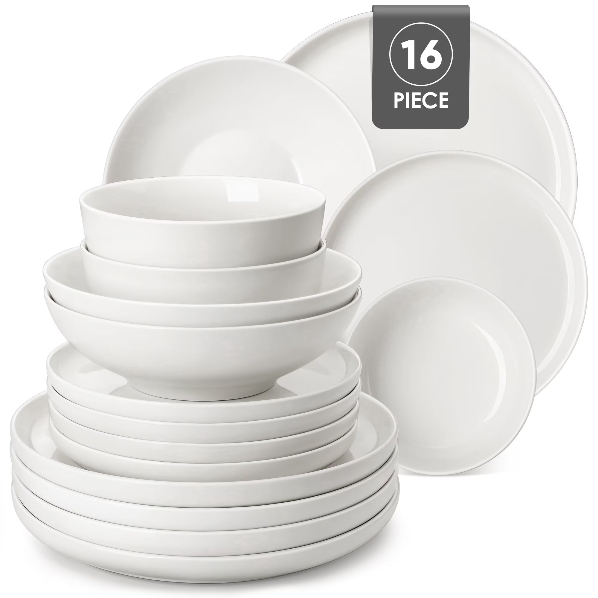 MALACASA Ceramic Dinnerware Set 16-Piece, Service for 4, Plates Bowls Set Dinner Plates Microwave Dishwasher Safe, White, Series MINA