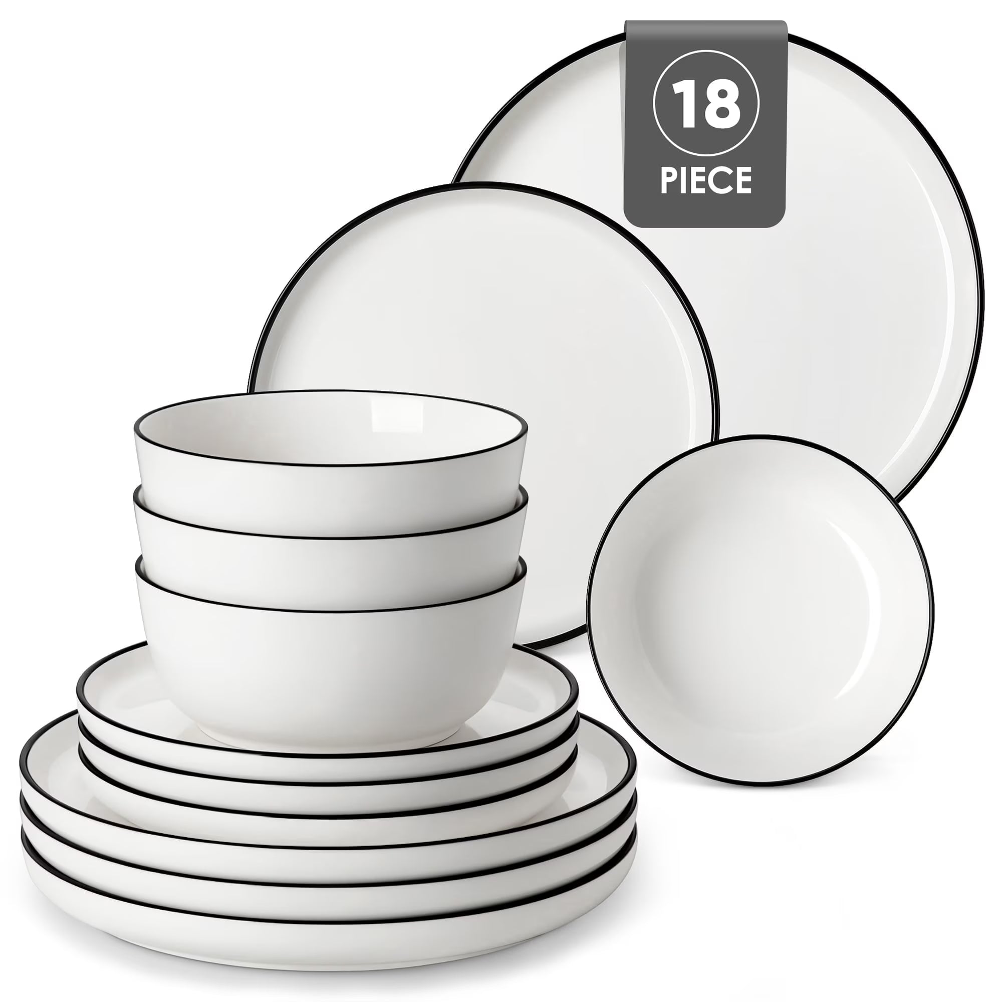 MALACASA Ceramic Dinnerware Set 18-Piece, Service for 6, Plates Bowls Set with Black Rim Microwave Dishwasher Safe, White, Series MINA