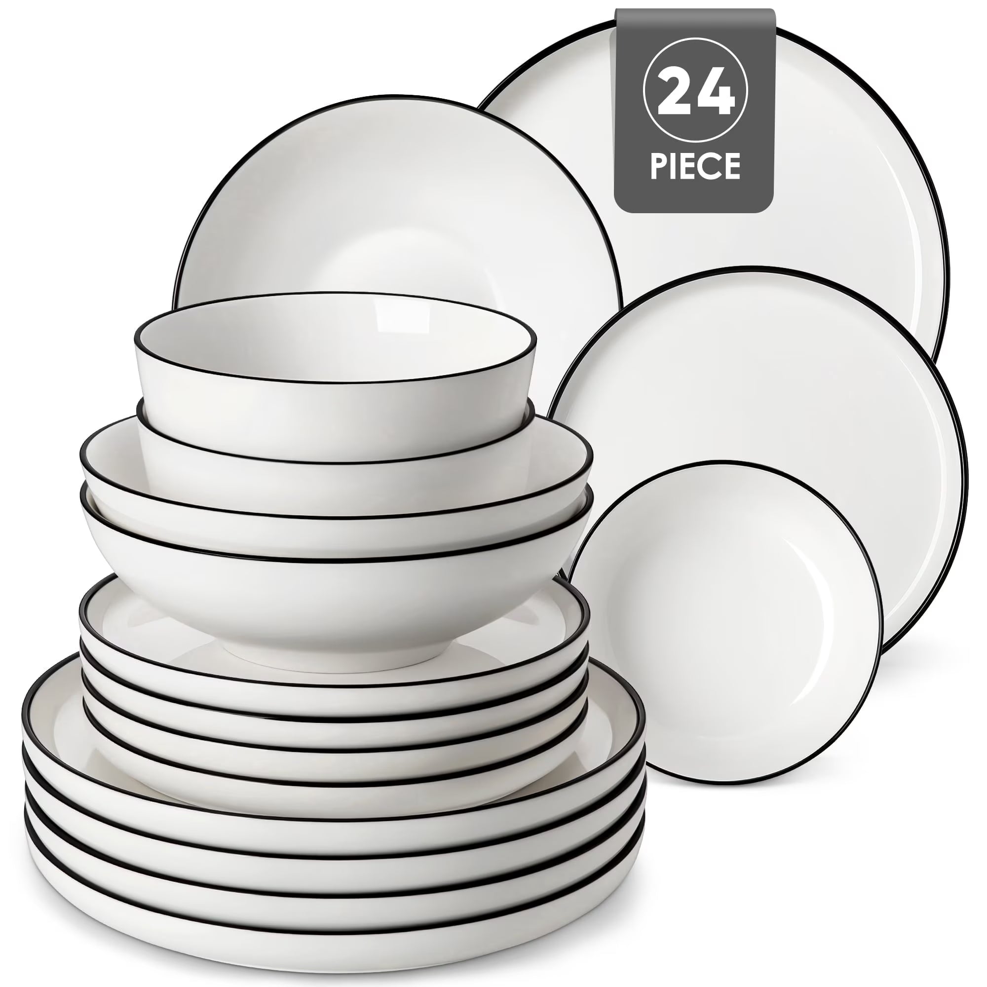 MALACASA Ceramic Dinnerware Set 24-Piece, Service for 6, Plates Bowls Set with Black Rim Microwave Dishwasher Safe, White, Series MINA