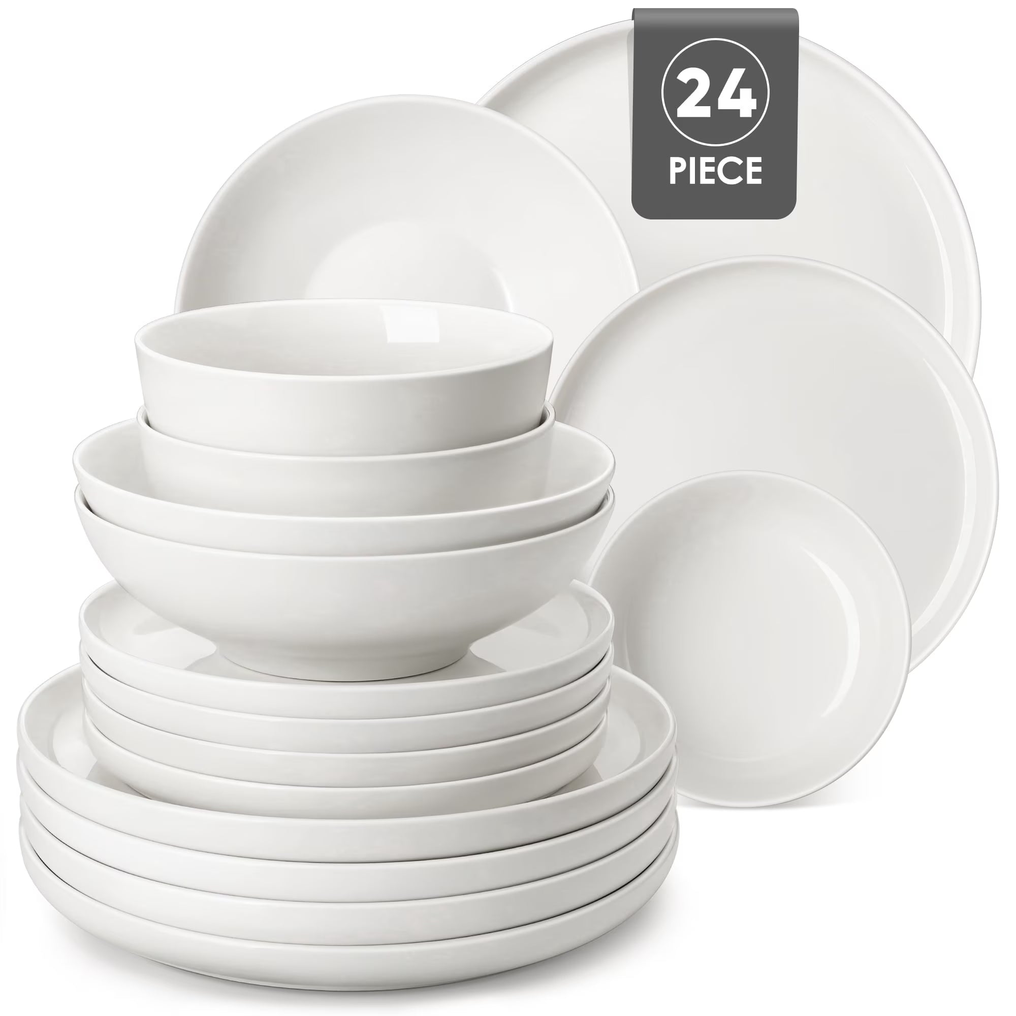 MALACASA Ceramic Dinnerware Set 24-Piece, Service for 6, Plates Bowls Set Dinner Plates Microwave Dishwasher Safe, White, Series MINA