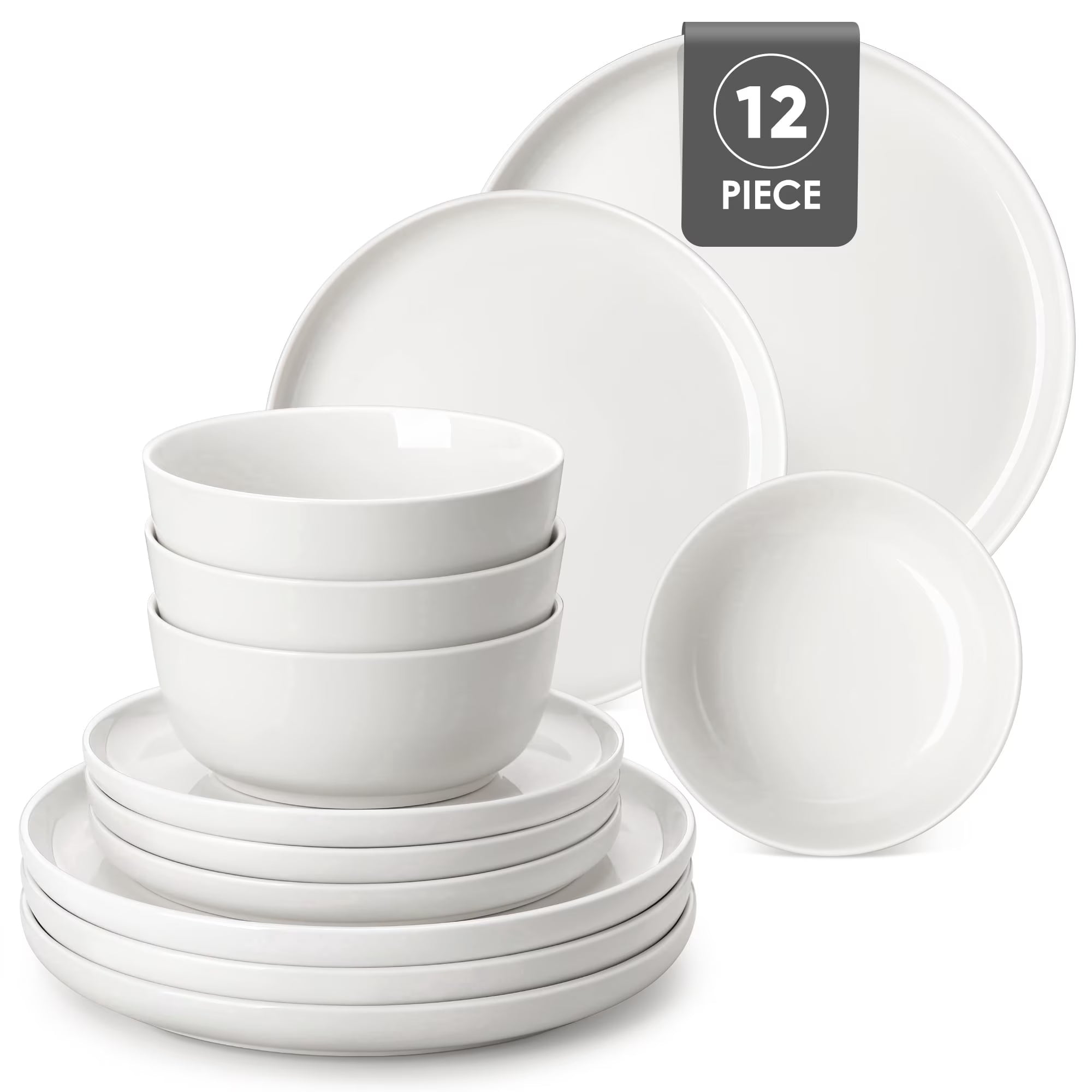 MALACASA Ceramic Dinnerware Set 12-Piece, Service for 4, Plates Bowls Set Dinner Plates Microwave Dishwasher Safe, White, Series MINA