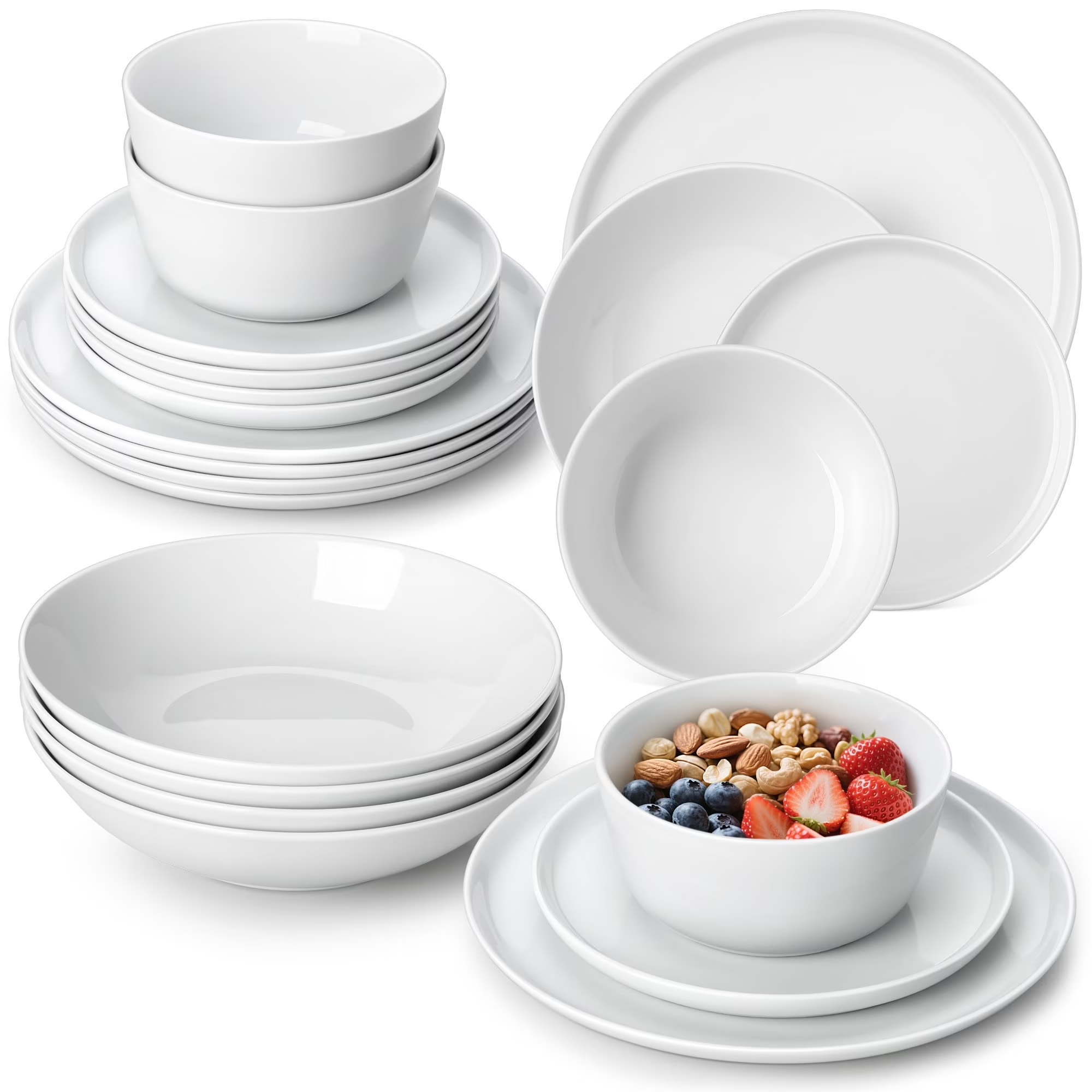 vancasso 24 Pcs Dinnerware Set, Ceramic Plates and Bowls Set for 6, Curve Vertical Shape Dinner Set, White Porcelain Dish Set