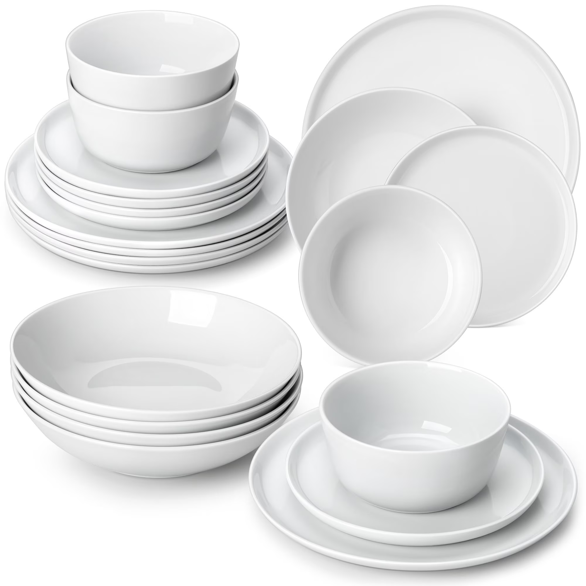 vancasso 16 Pcs Dinnerware Set, Ceramic Plates and Bowls Set for 4, Curve Vertical Shape Dinner set, White Porcelain Dish Set