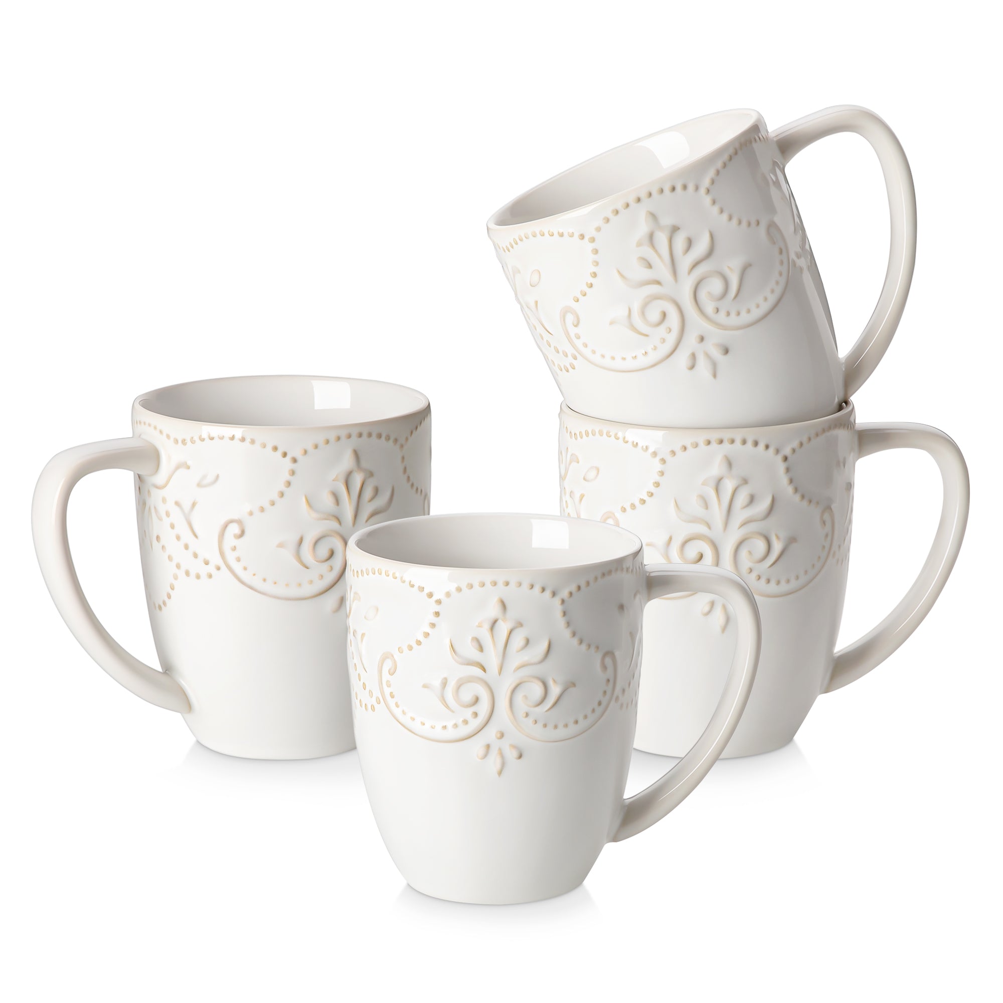 Malacasa  Coffee Mug Set of 4, 16 oz Ceramic Mugs Set with Embossed Bead Curtain Texture, Coffee Cups, Chip Resistant Microwave & Dishwasher Safe, White