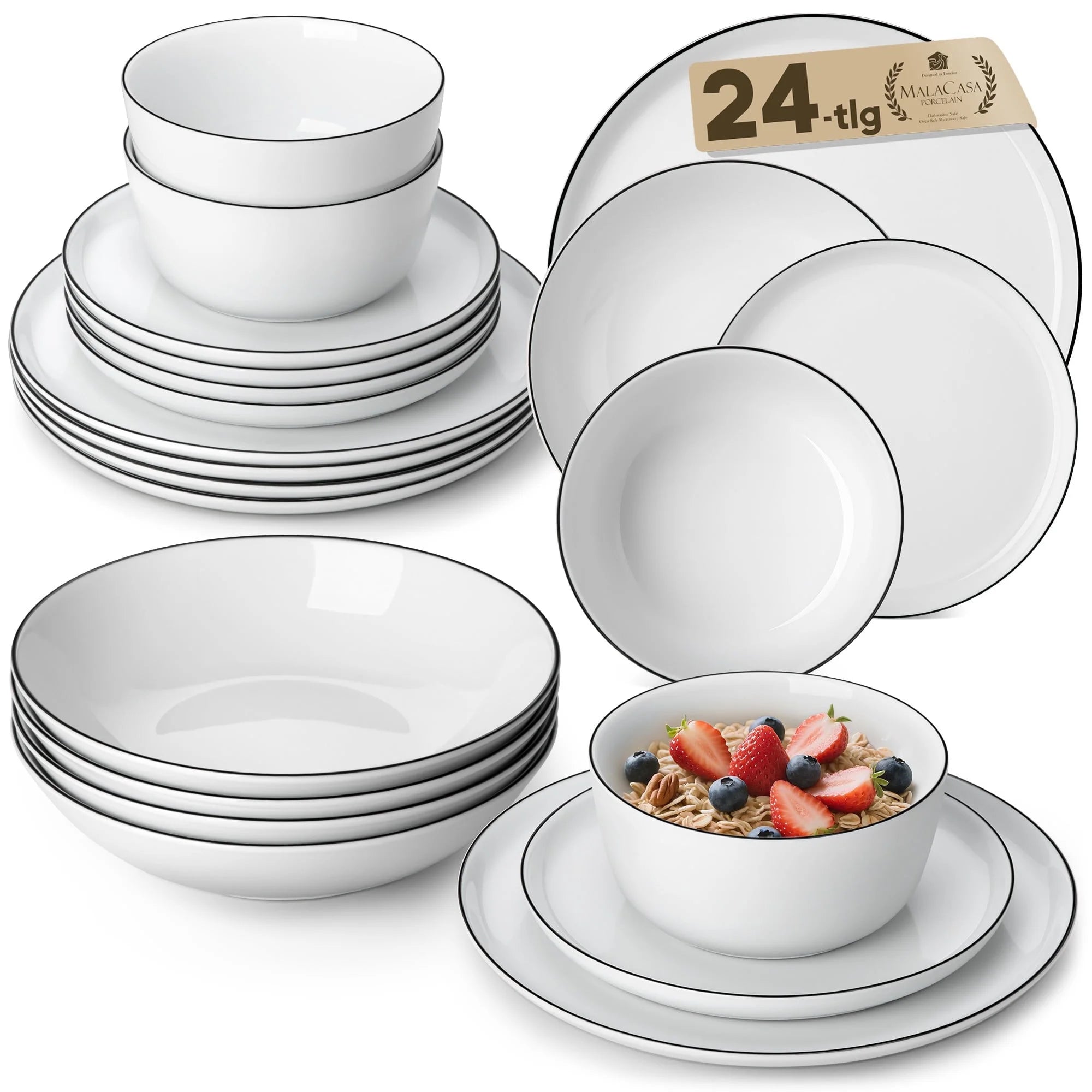 Vancasso 24 Piece Glossy Glazed Ceramic Dinnerware Set, Elegant Plates and Bowls Sets, Dishwasher & Microwave Safe, Dish Sets for 6, Black Trim