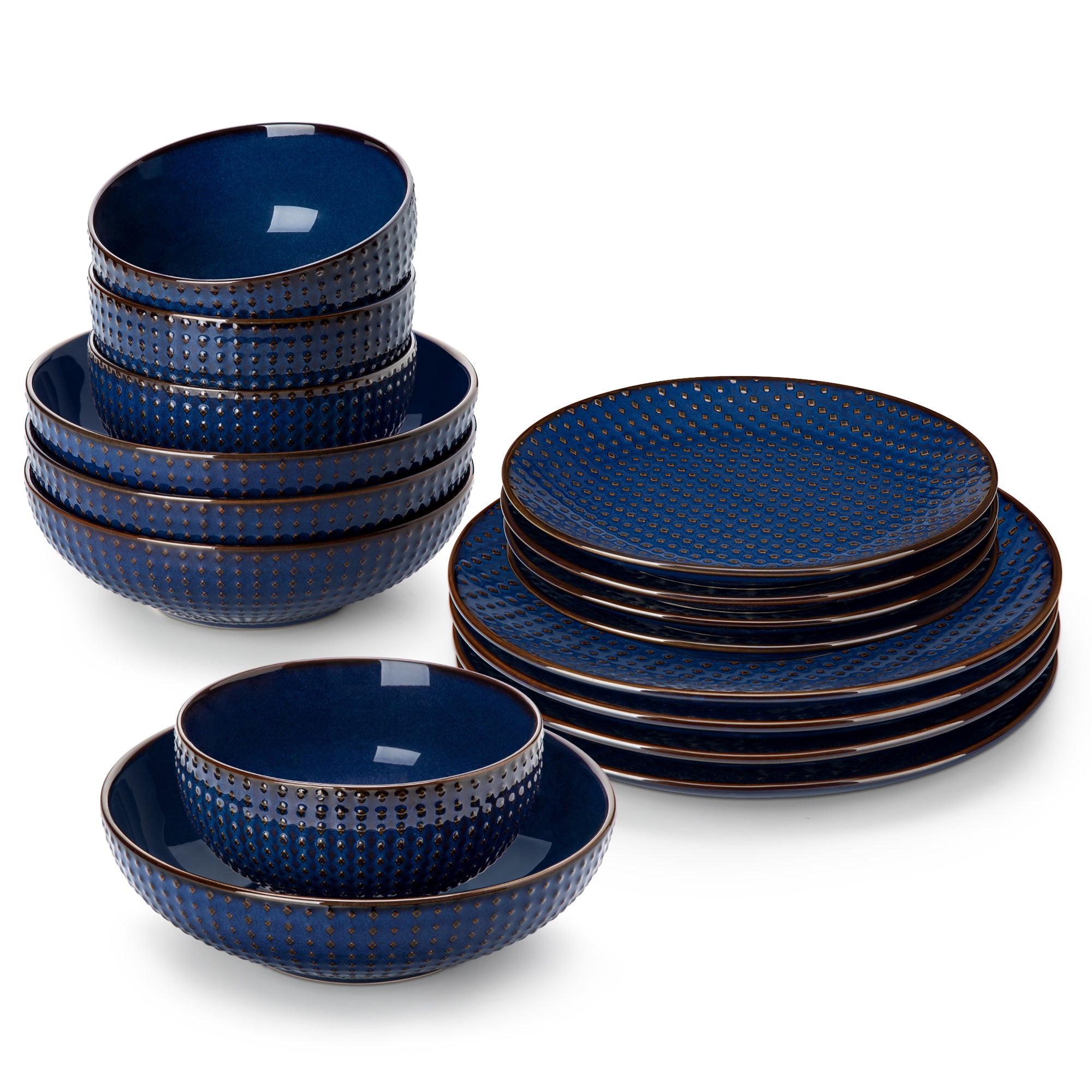 vancasso 16 Pieces Dinnerware Sets, Stoneware Plates and Bowls Set for 4, Blue Dish Set, Rhombus Pattern