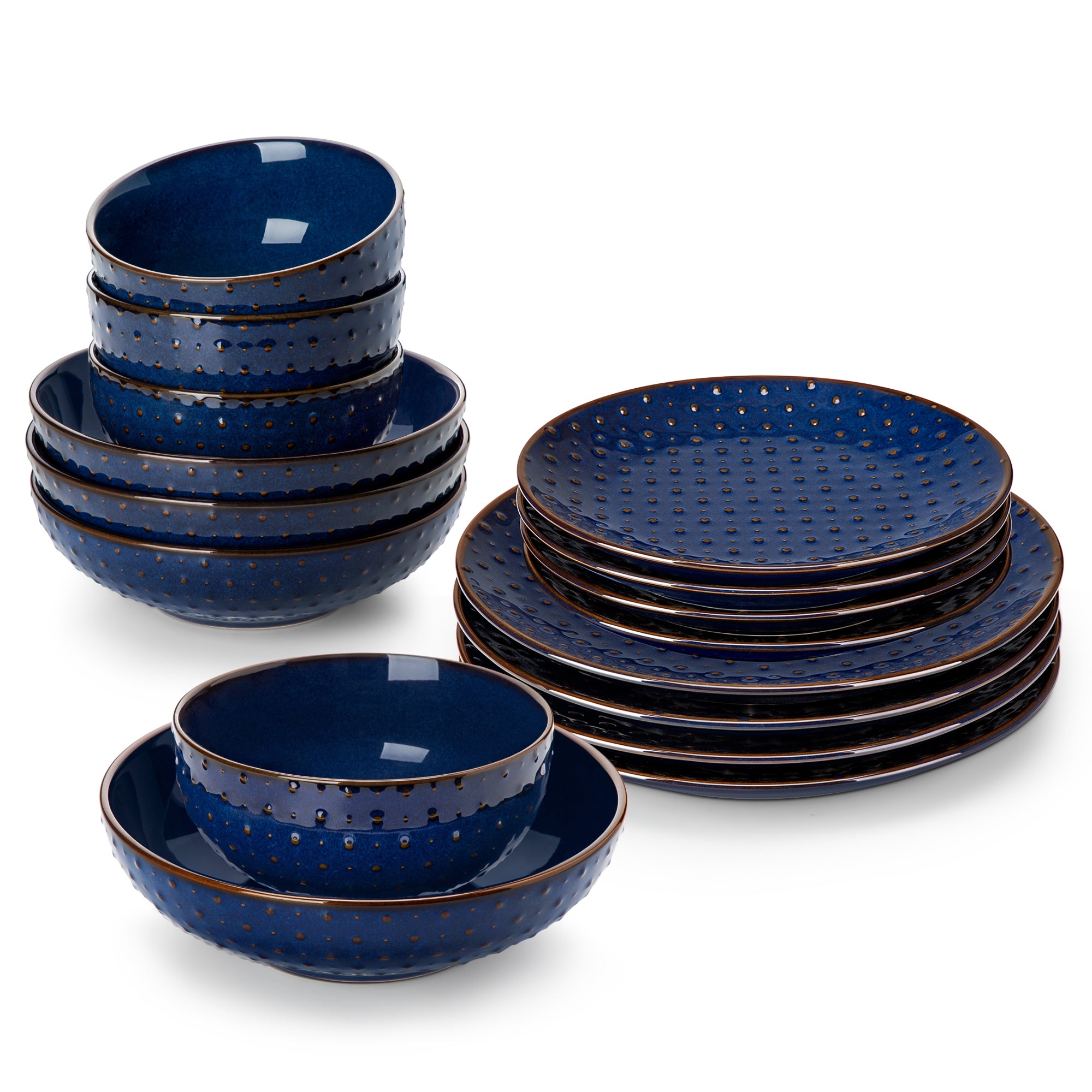vancasso 16 Pieces Dinnerware Sets, Stoneware Plates and Bowls Set for 4, Blue Dish Set, Dot Pattern