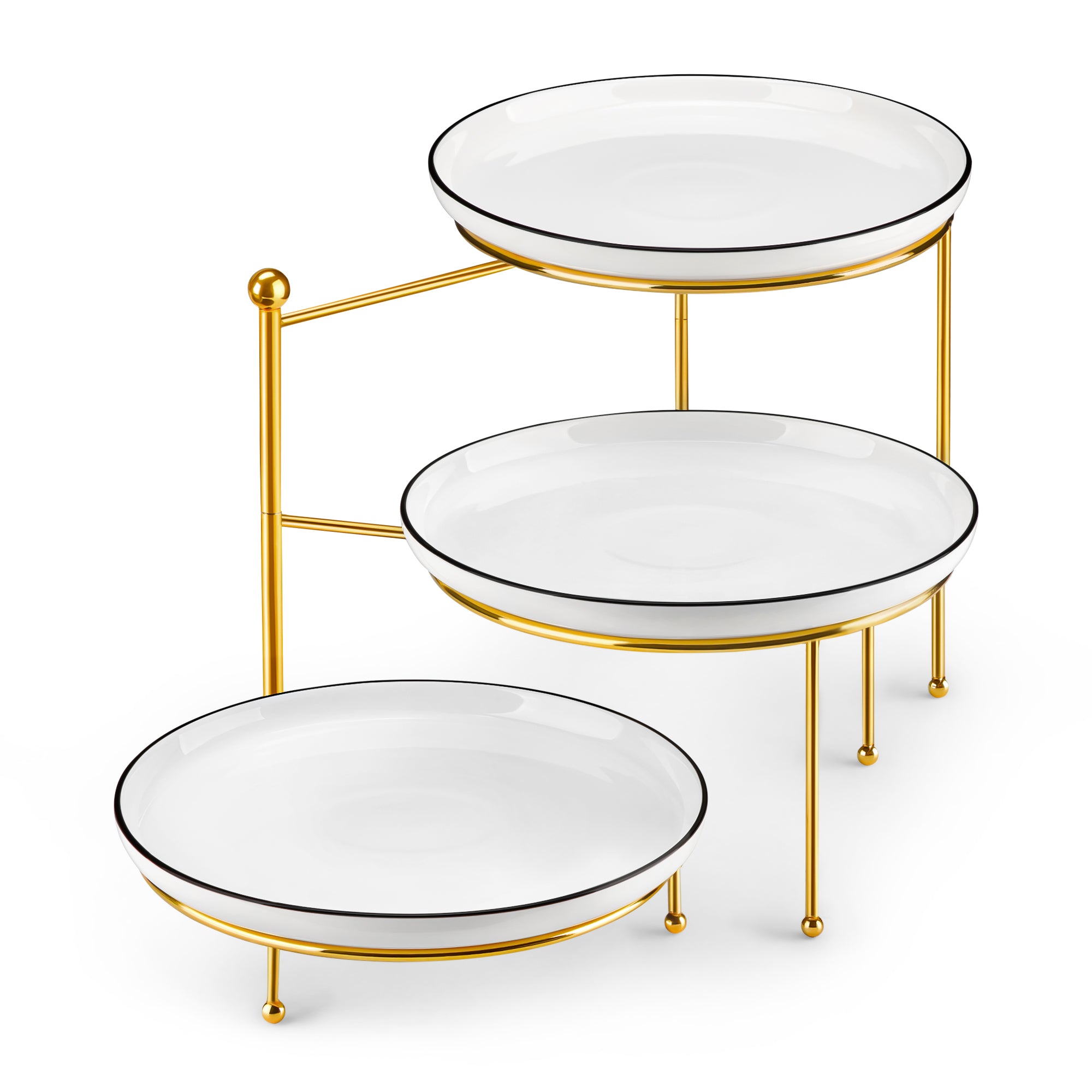 MALACASA 3-Tier Plate Stand with 3 Round White Porcelain Plates, 10.25 Inch Serving Plates with Gold Metal Rack Display Stand, Chip Resistant Microwave Dishwasher Safe, Series LUNA