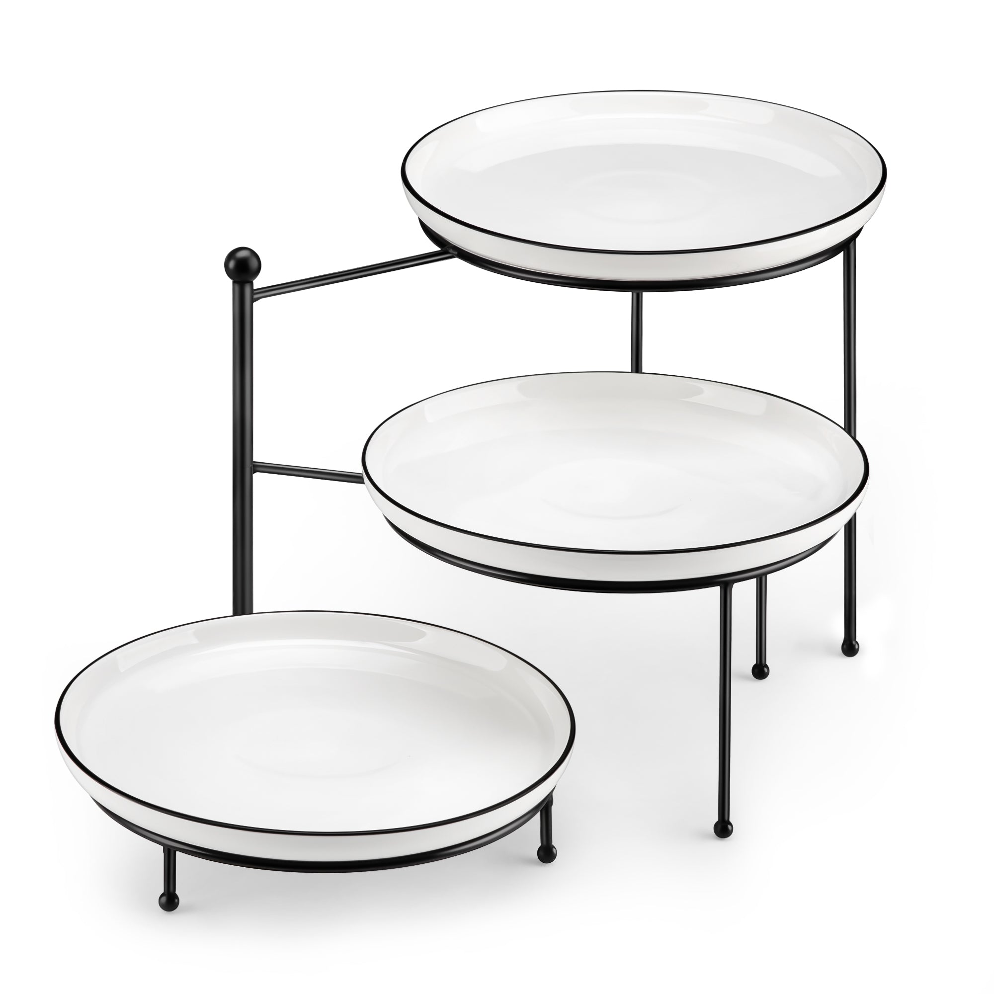 MALACASA 3-Tier Plate Stand with 3 Round White Porcelain Plates, 10.25 Inch Serving Plates with Black Metal Rack Display Stand, Chip Resistant Microwave Dishwasher Safe, Series LUNA