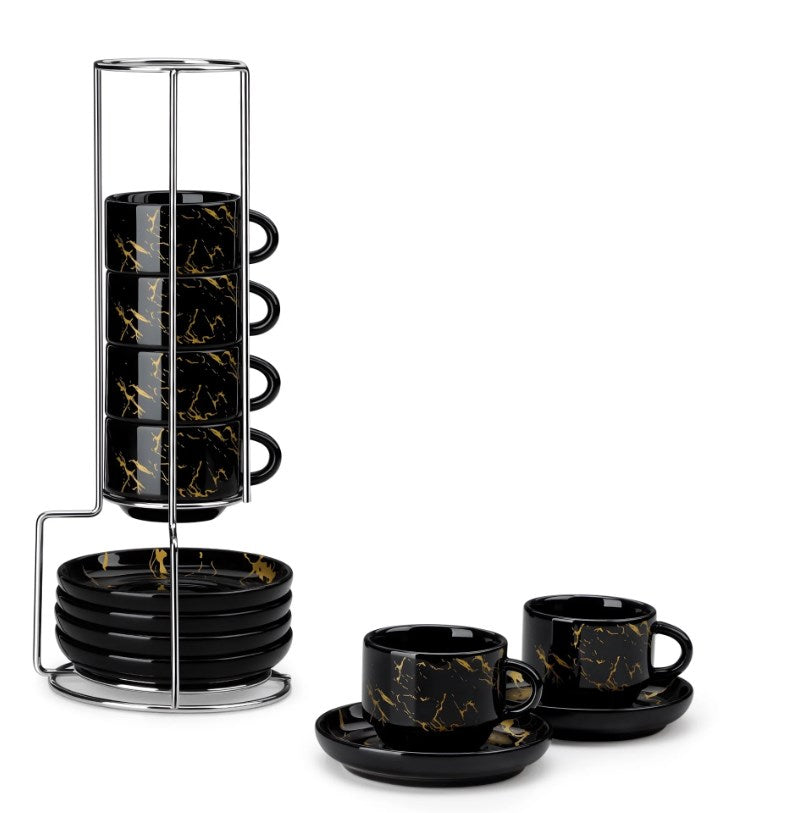 Vancasso 2.5 oz Coffee Mug Sets of 6, Stackable Espresso Cups with Saucers & Metal Stand, Ceramic Cappuccino Cups for Espresso, Tea, White
