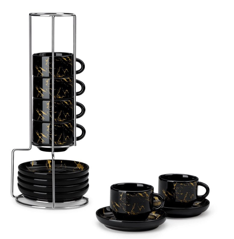 Vancasso 4 oz Coffee Mug Sets of 6, Stackable Espresso Cups with Saucers & Stand, Ceramic Cappuccino Cups for Espresso, Tea, Black