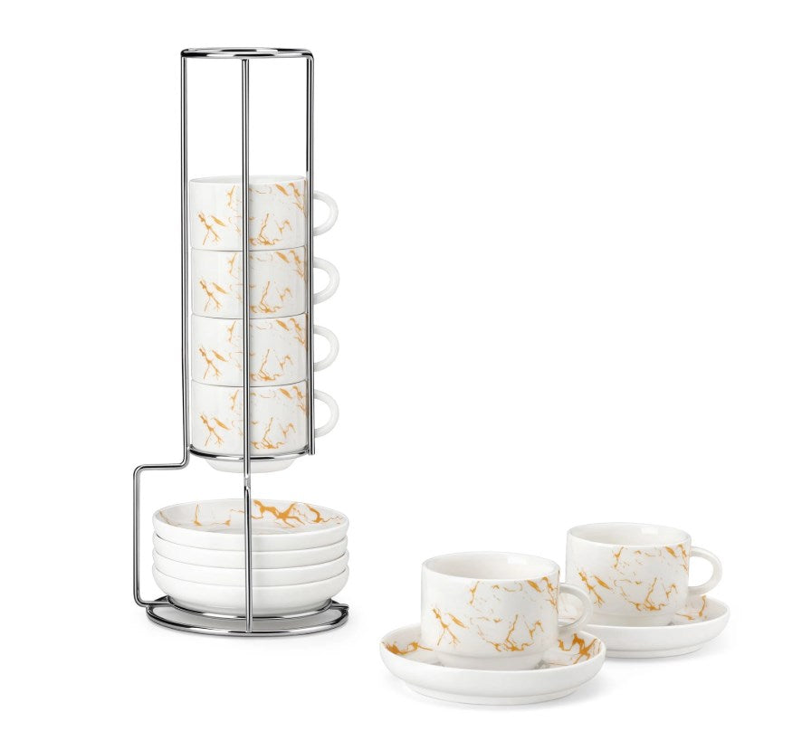 Vancasso 2.5 oz Coffee Mug Sets of 6, Stackable Espresso Cups with Saucers & Metal Stand, Ceramic Cappuccino Cups for Espresso, Tea, White