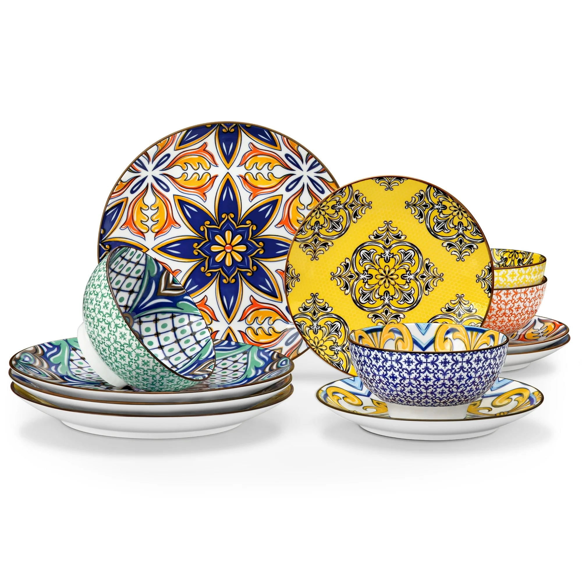 Malacasa 12 Pcs Dinnerware Sets, Ceramic Plates and Bowls Set, Porcelain Tableware Dishwasher Microwave Safe, Serves for 4 People, Colorful 2