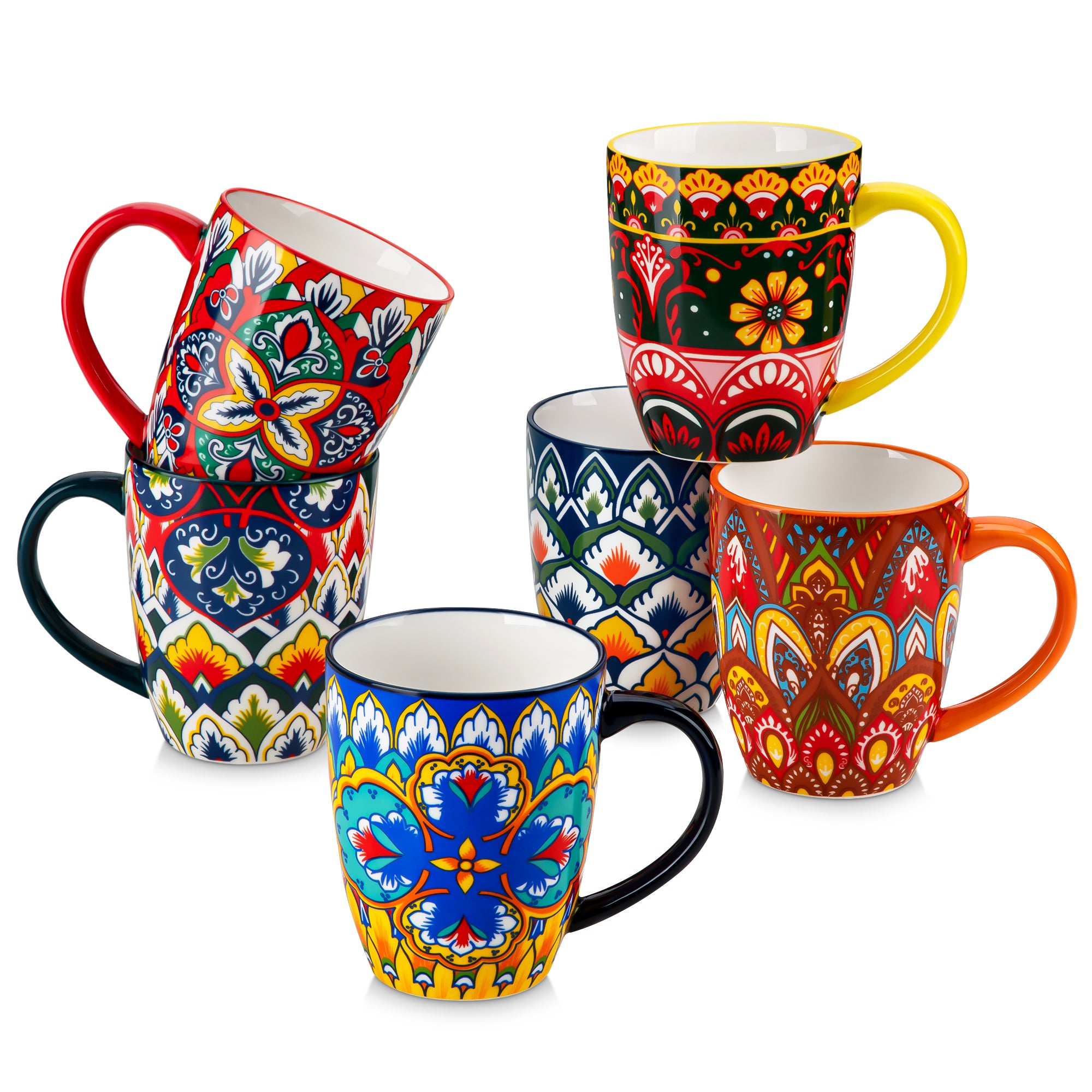 Vancasso Ceramic Coffee Mug Set of 6, 16 oz Large Mugs with Assorted Floral Patterns and Colorful Handles, Microwave Dishwasher Safe Porcelain Tea Cups, Series LUMI