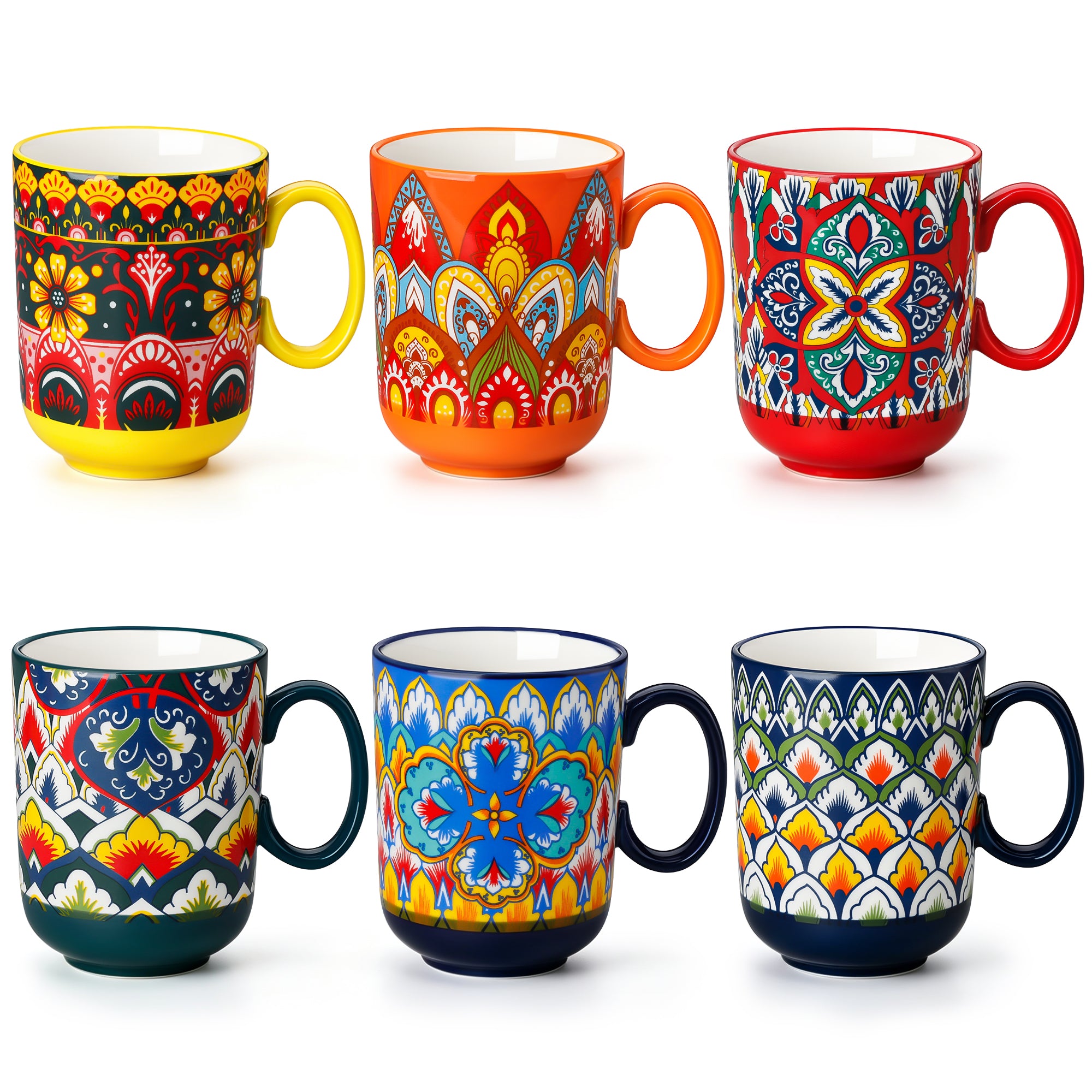 Vancasso Coffee Mug Set of 6, 14 oz Porcelain Mugs with Assorted Floral Patterns and Colorful Handles, Bohemian Style, Microwave Dishwasher Safe Large Tea Cups, Series LUMI