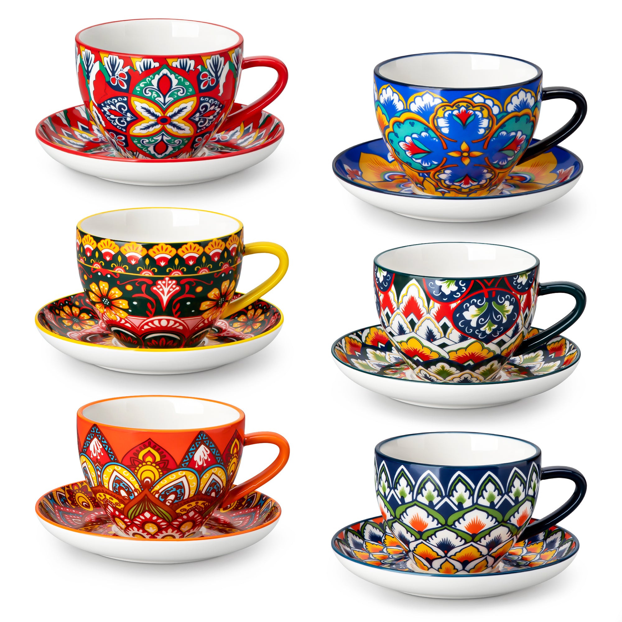 Vancasso Ceramic Coffee Cup and Saucer Set of 6,8 oz Porcelain Espresso Cappuccino Cups with Saucers, Assorted Patterns Colorful Handles, Microwave Dishwasher Safe, Botanical Floral, Series LUMI