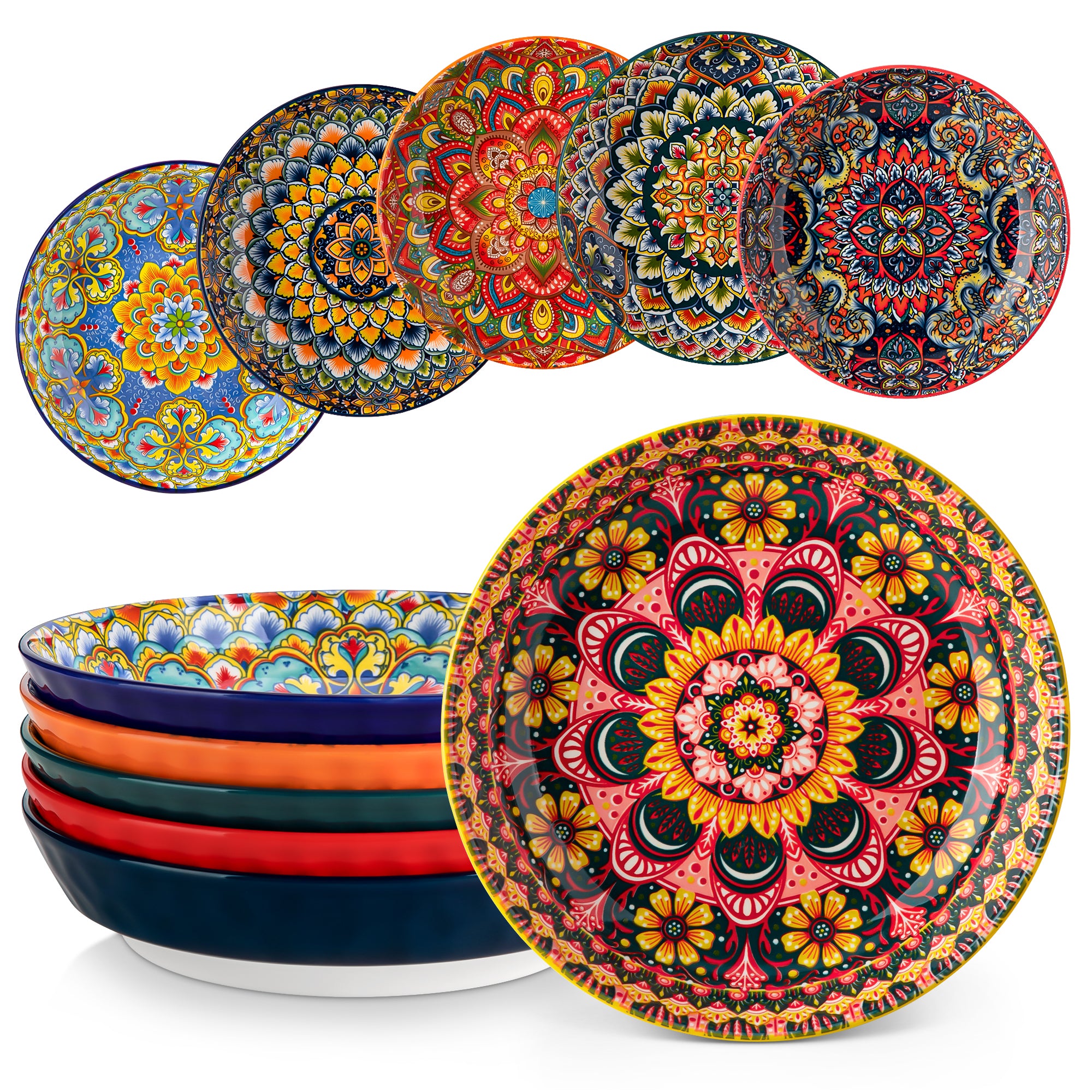Vancasso Pasta Bowls, Porcelain 32 oz Pasta Bowls Set of 6, Bohemian Ceramic Salad Bowls Shallow Bowls, Large Serving Dinner Bowls for Soup and Cereal, Microwave and Dishwasher Safe