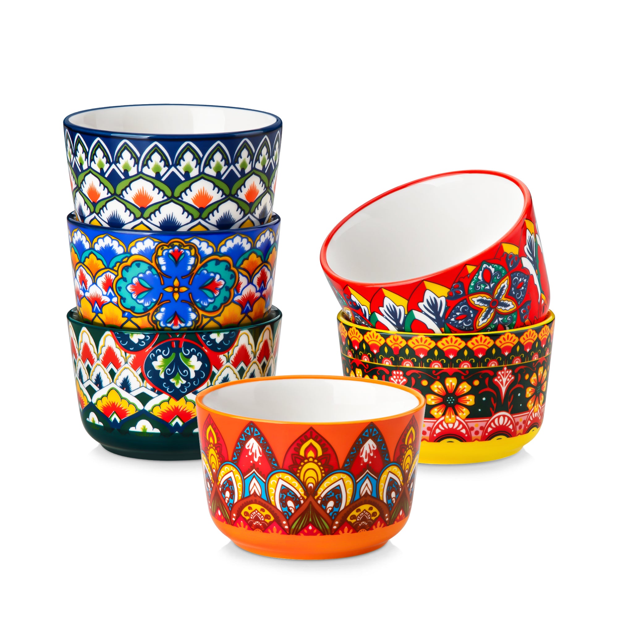 Vancasso Ceramic Ramekins Set of 6, 4 oz Porcelain Baking Cups, Botanical Floral Pattern and Green Rim, Oven Safe Souffle Cups Creme Brulee Dishes, Microwave Dishwasher Safe, Series LUMI