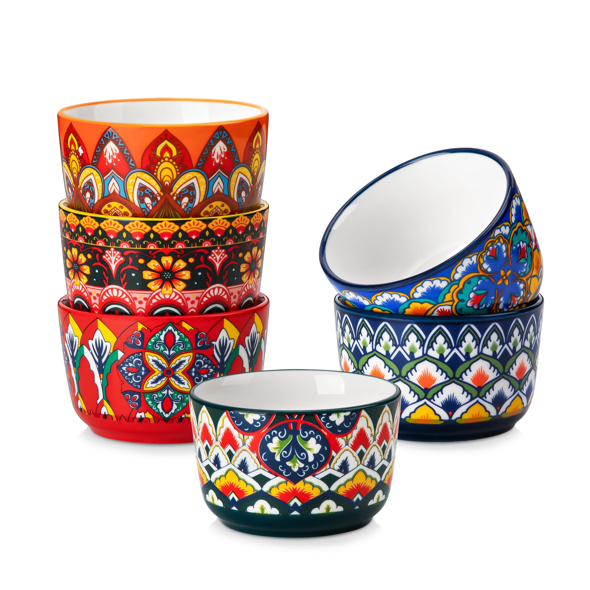 Vancasso Ceramic Ramekins Set of 6, 6 oz Porcelain Baking Cups, Botanical Floral Pattern and Green Rim, Oven Safe Souffle Cups Creme Brulee Dishes, Microwave Dishwasher Safe, Series LUMI