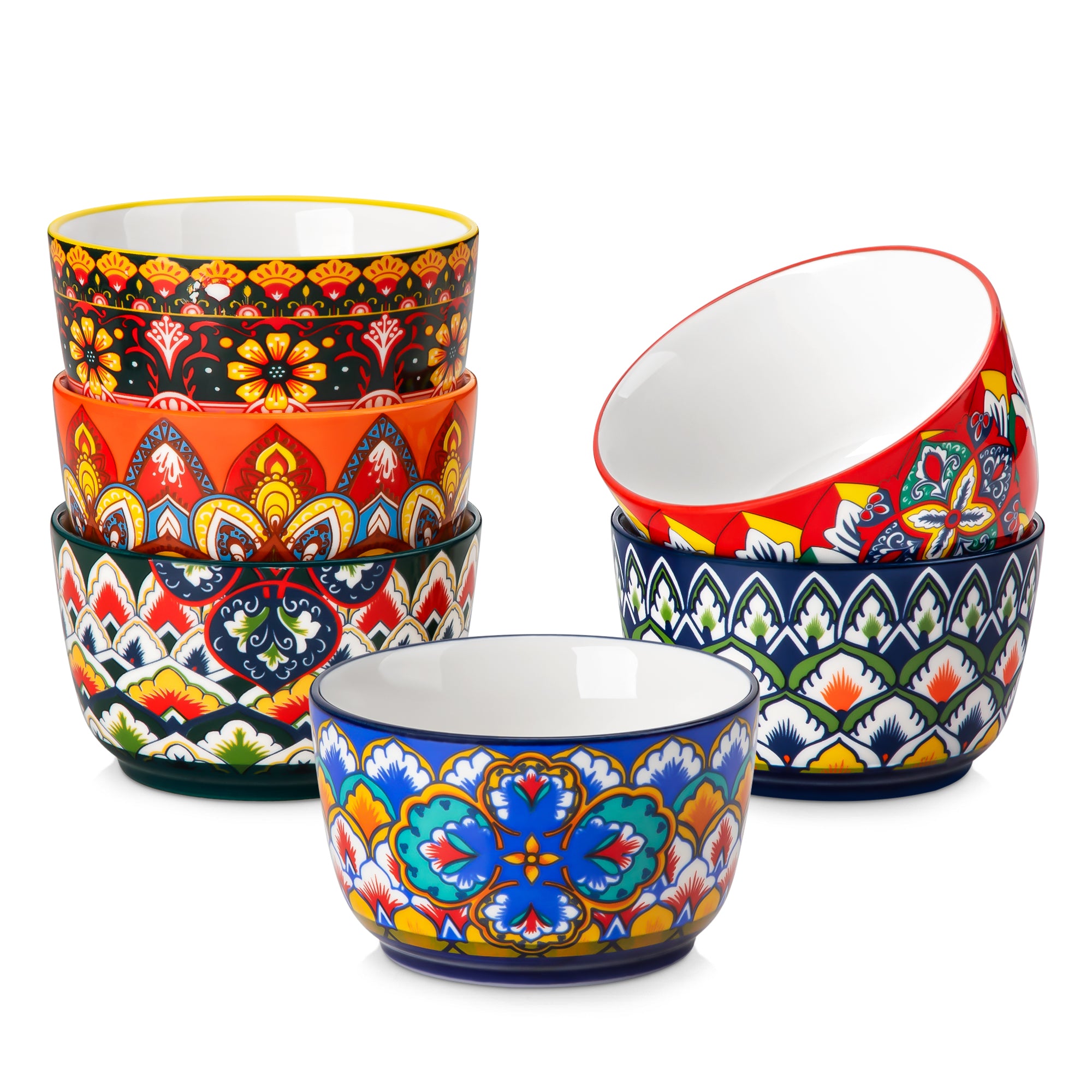 Vancasso Ceramic Ramekins Set of 6, 8 oz Porcelain Baking Cups, Botanical Floral Pattern and Green Rim, Oven Safe Souffle Cups Creme Brulee Dishes, Microwave Dishwasher Safe, Series LUMI