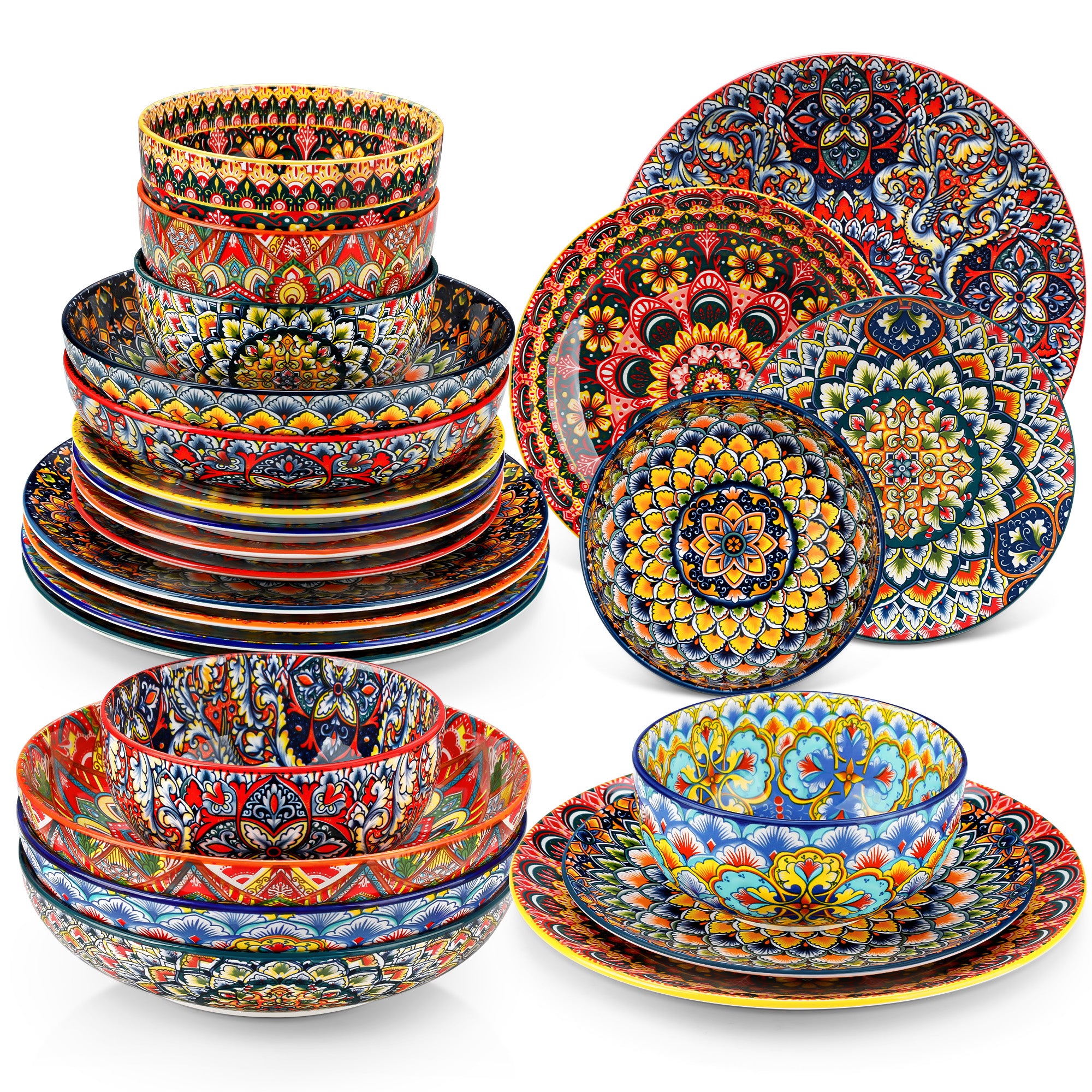 vancasso Dinnerware Set, Porcelain Plates and Bowls Set for 6, 24 Pieces Ceramic Boho Tableware Set for Kitchen, Bohemian Style Dish Set, Dishwasher and Microwave Safe