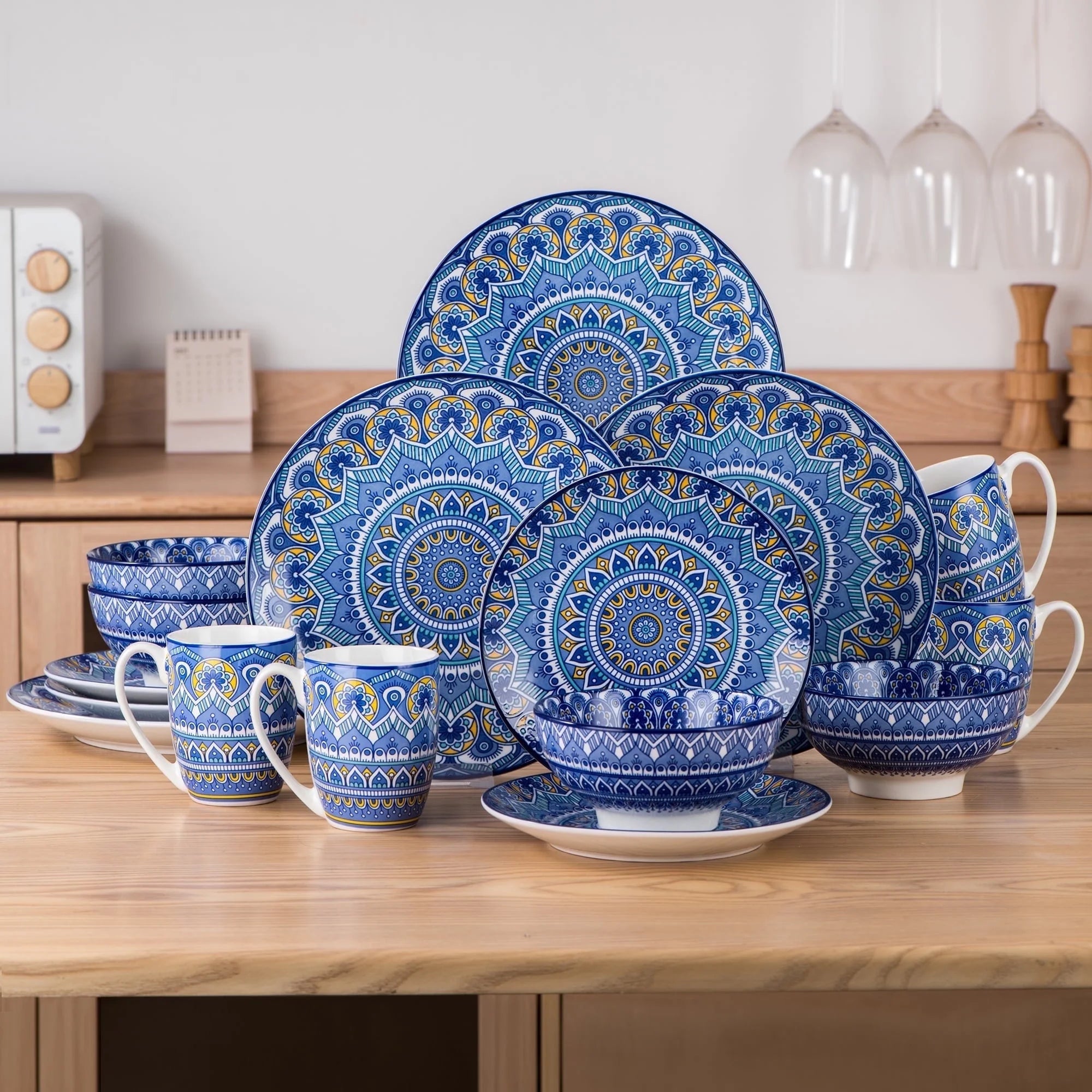 Vancasso, 16 Piece Porcelain Dinnerware Set, Boho Blue Dinner Set, Service for 4