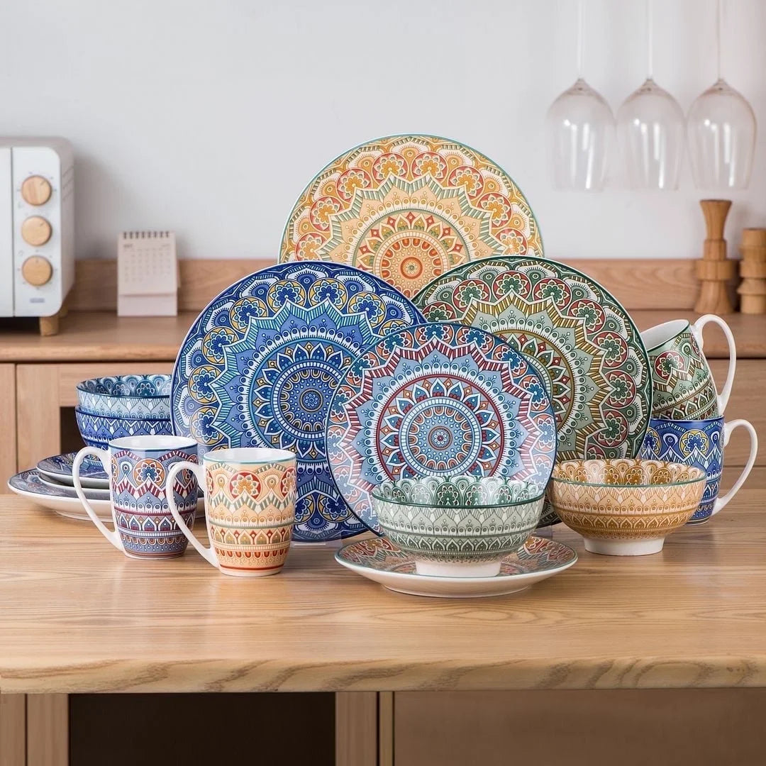 Vancasso, 16 Piece Porcelain Dinnerware Set, Boho Blue Dinner Set, Service for 4