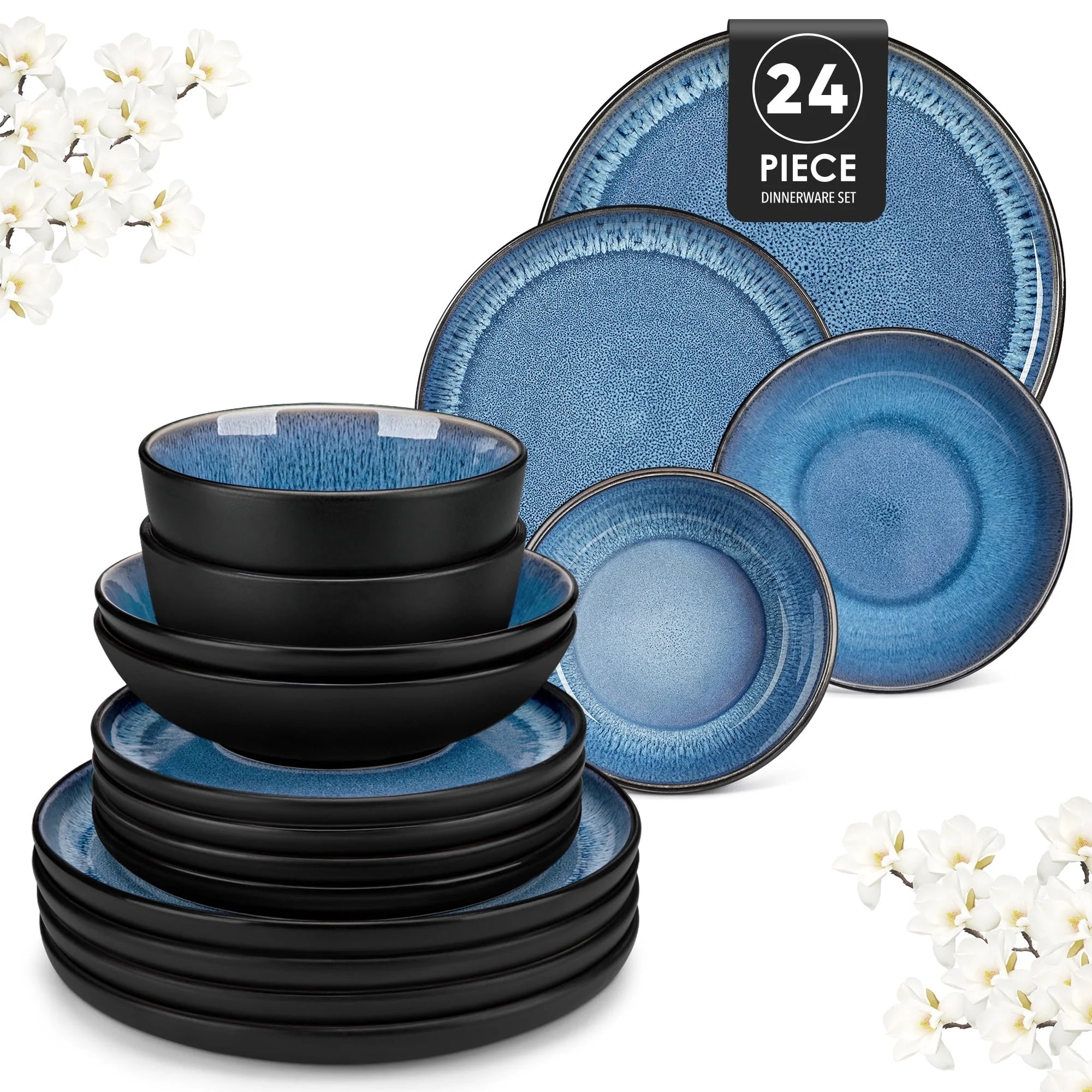 MALACASA Dinnerware Set, Stoneware Plates and Bowls Set for 6, 24 Piece Dishes Set, Blue