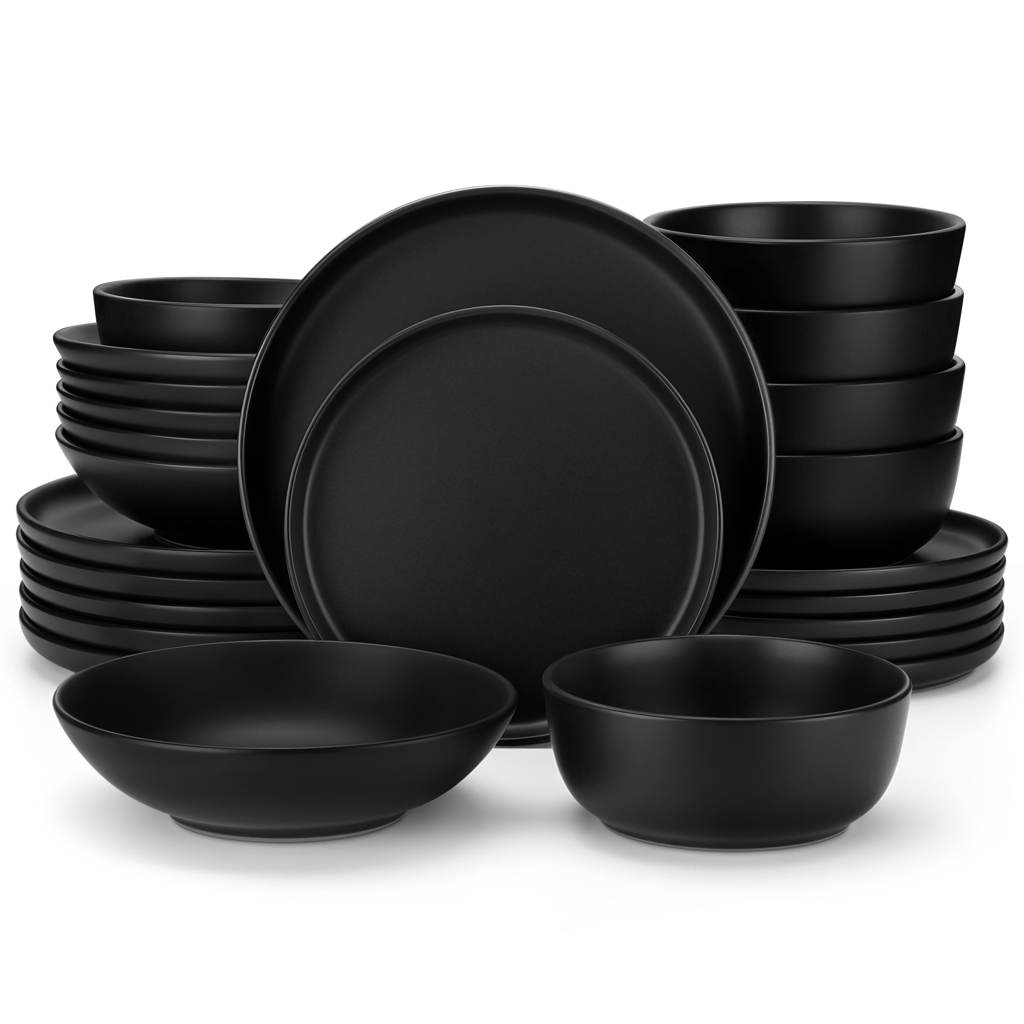 MALACASA 24 pcs Dinnerware Sets, Plates and Bowls Set for 6, Stoneware Dinner Set, Black