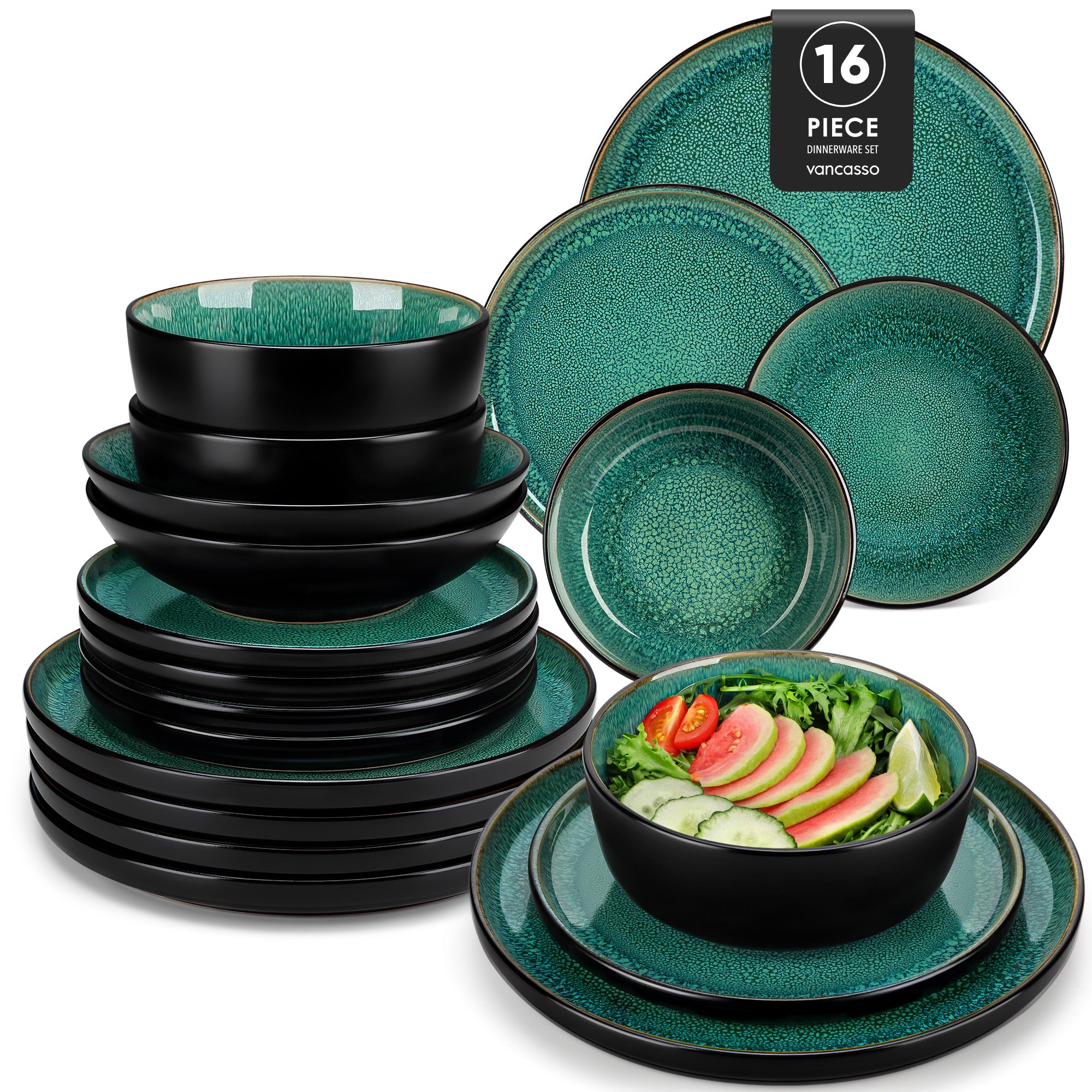 MALACASA 16 pcs Dinnerware Sets, Plates and Bowls Set for 4, Stoneware Dinner Set