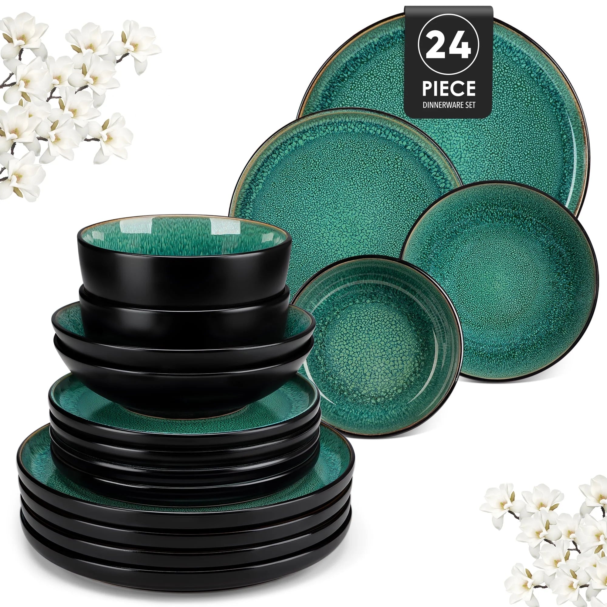 MALACASA Dinnerware Set, Stoneware Plates and Bowls Set for 6, 24 Piece Dishes Set, Blue