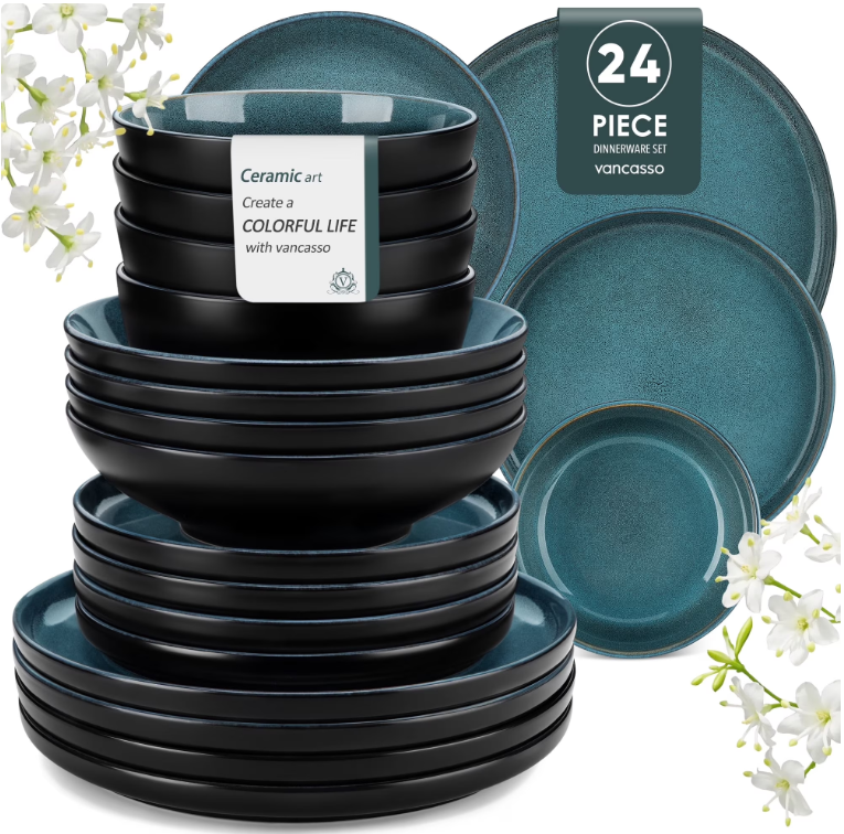 Malacasa 24 Pieces Stoneware Dinnerware Set, Stackable Plates and Bowls sets for 6, Dinner Set, Microwave & Dishwasher Safe