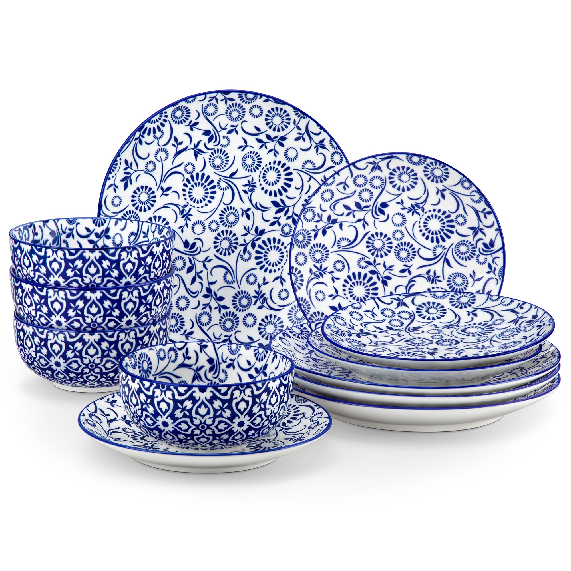 MALACASA Blue and White Porcelain Dinnerware Set, Elegant Ceramic Plates and Bowls set