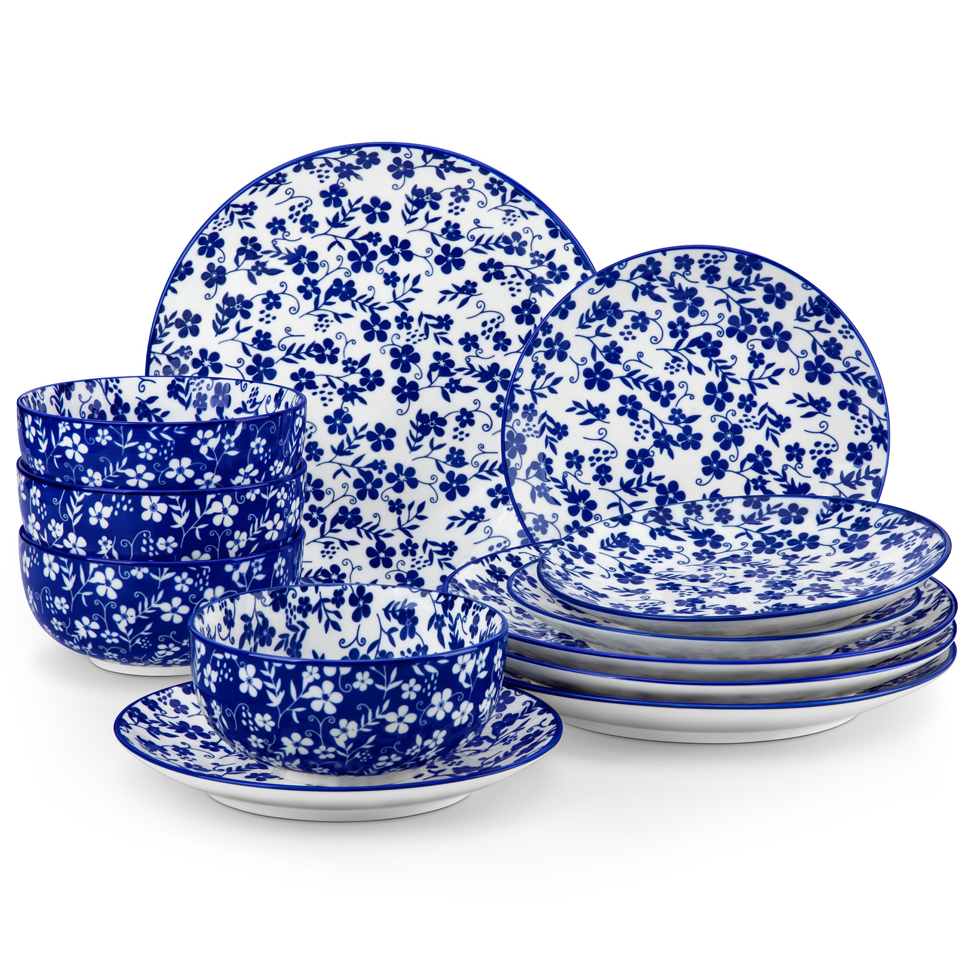 MALACASA Blue and White Porcelain Dinnerware Set, Elegant Ceramic Plates and Bowls set