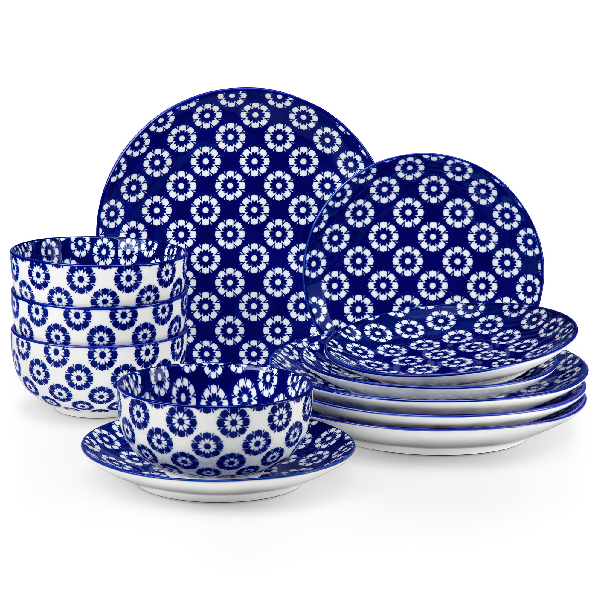 MALACASA Blue and White Porcelain Dinnerware Set, Elegant Ceramic Plates and Bowls set