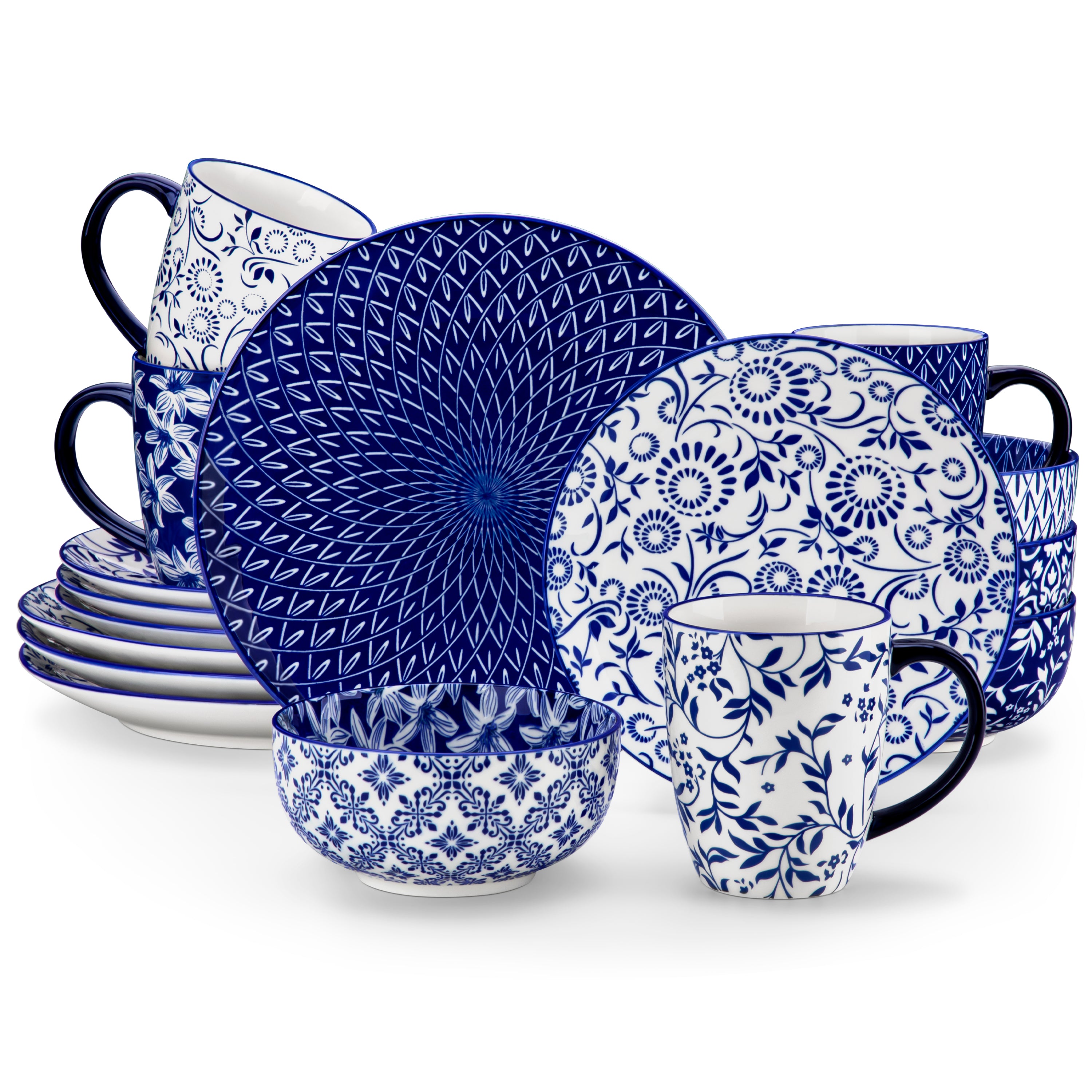 MALACASA 16 Piece Dinnerware Set for 4, Hand Painted Blue and White Porcelain Dish Set, Plates and Bowls Sets Safe for Dishwasher, Dish with Cups）