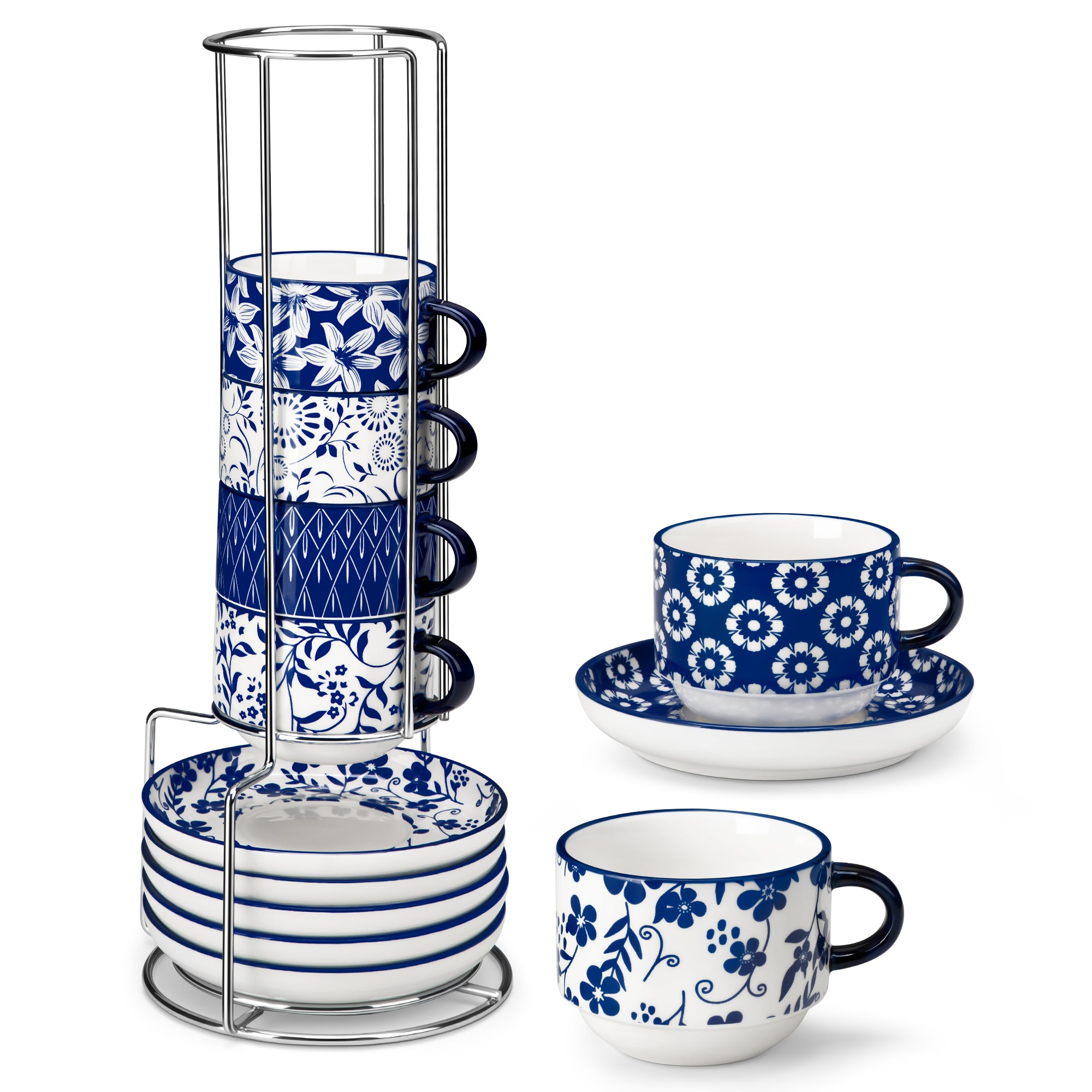 Malacasa Stackable Espresso Cups Set of 6, 8 oz Cappuccino Cups with Saucers and Rack, Coffee Mugs for Specialty Coffee Drinks, Latte and Tea