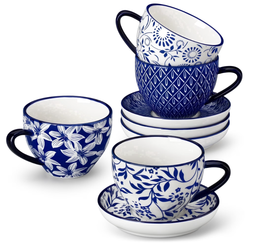 MALACASA 8 oz Coffee Mugs Set with Saucers , Ceramic Cappuccino Cups Set of 4, Latte Mugs with Beautiful Glaze for Tea, Espresso, Latte, Dishwasher Safe