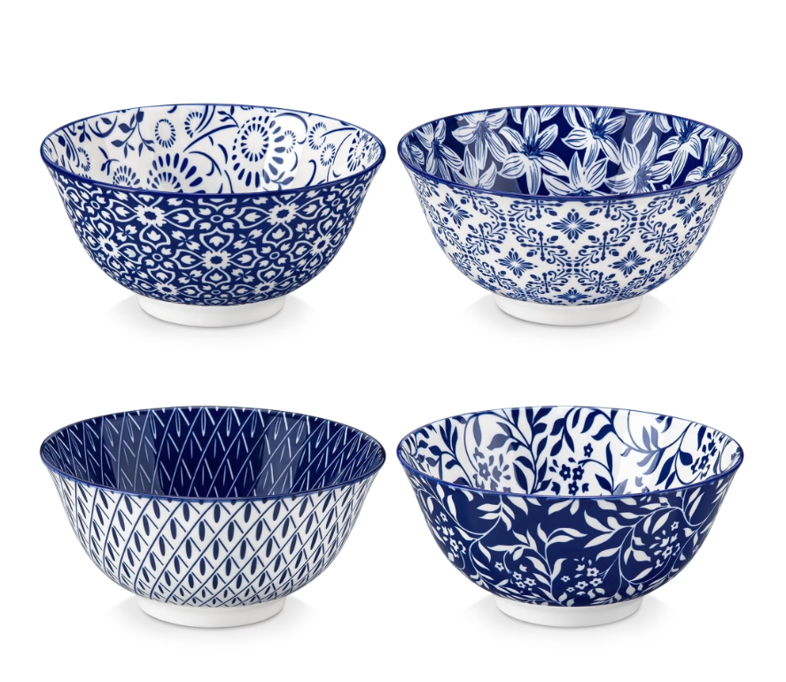 MALACASA Porcelain Bowls Set of 4, 23oz/6.25-inch Blue Floral Soup Bowls, Microwave Dishwasher Safe, Series SELENE