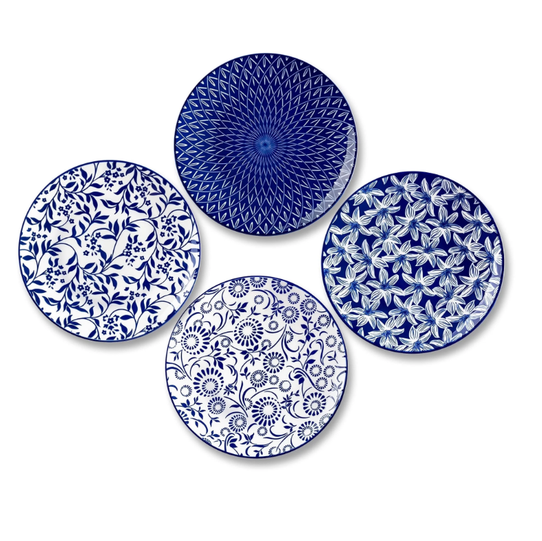 MALACASA Porcelain Dessert Plates Set of 4, 8.25-inch Blue Floral Salad Plates, Microwave Dishwasher Safe, Series SELENE