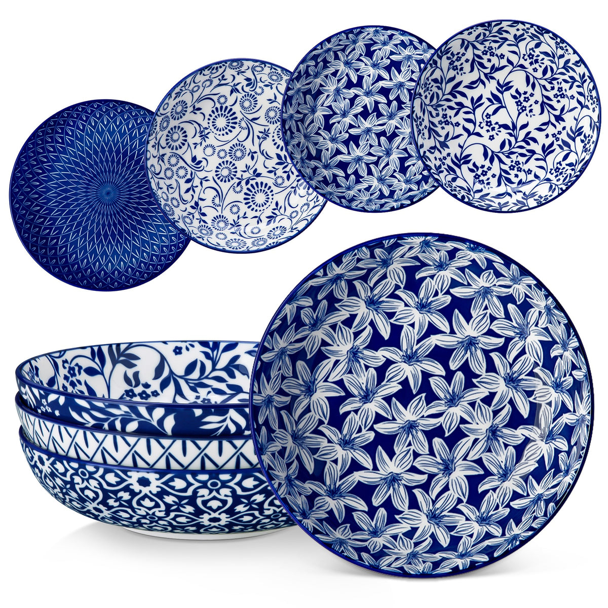 MALACASA Pasta Bowl Set of 4, 36 oz Ceramic Shallow Salad Bowls, Serving Soup Bowl Set