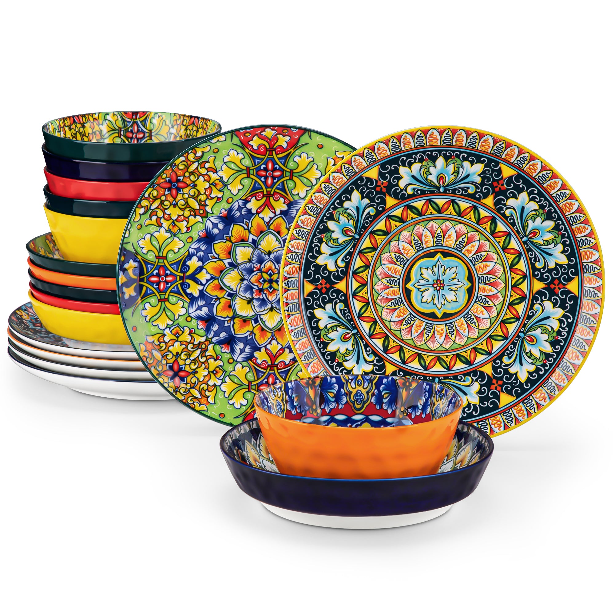 MALACASA 18Pcs Porcelain Dinnerware Set for 6, Bohemian Plates and Bowls, Microwave and Dishwasher Safe, Scratch Resistant
