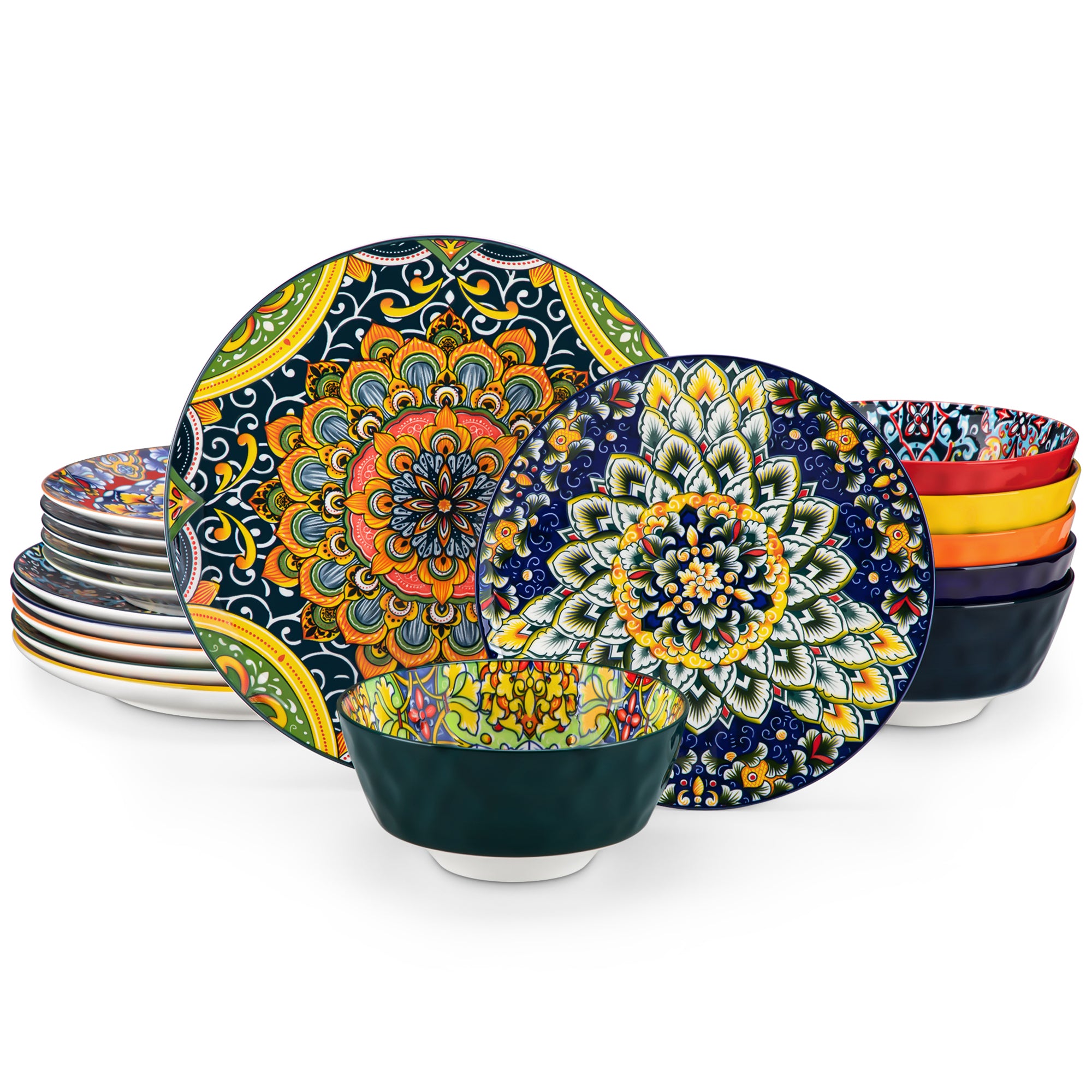 MALACASA 18Pcs Porcelain Dinnerware Set for 6, Bohemian Plates and Bowls, Microwave and Dishwasher Safe, Scratch Resistant