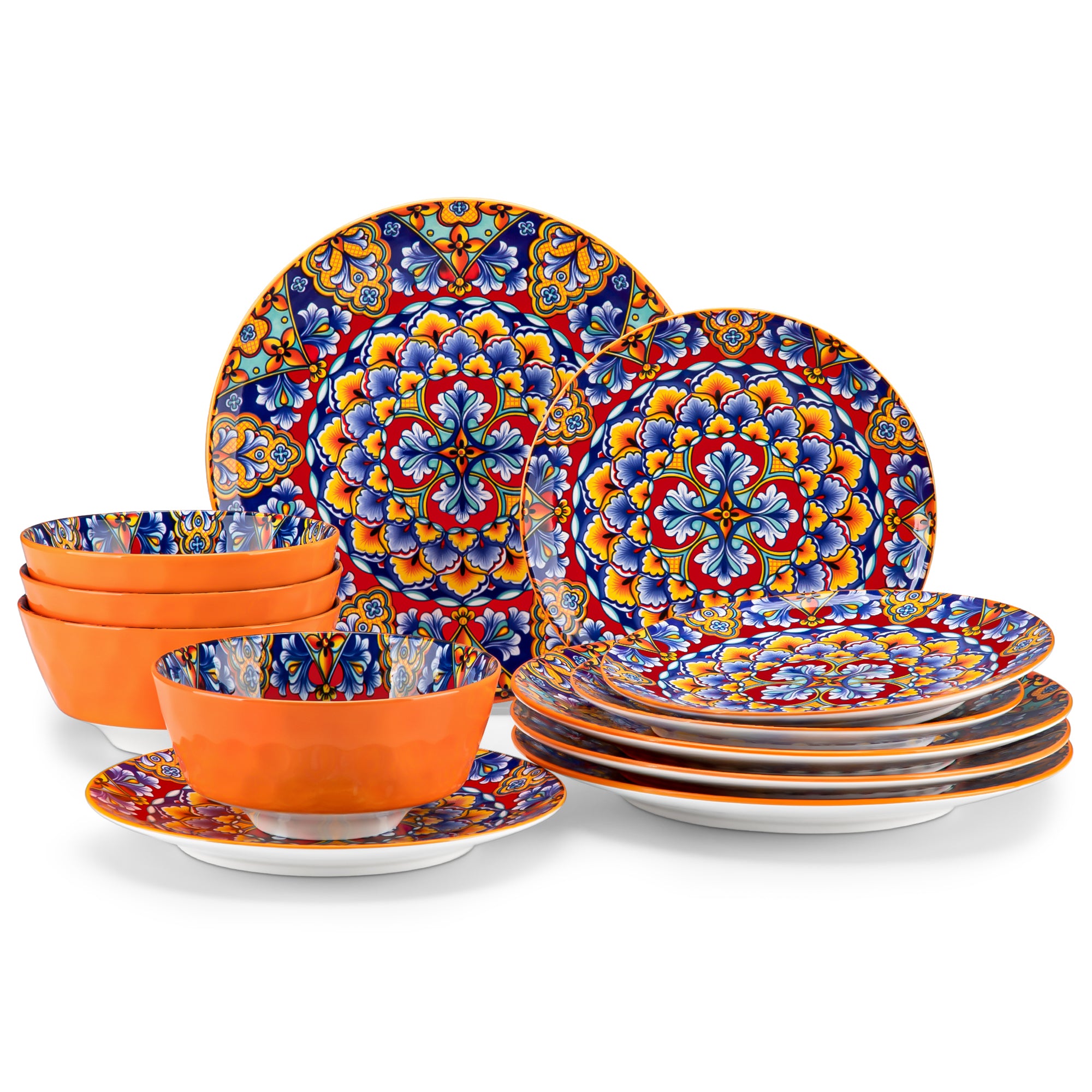 Malacasa 12 Pcs Dinnerware Sets, Ceramic Plates and Bowls Set, Porcelain Tableware Dishwasher Microwave Safe, Serves for 4 People, Bohemian Colourful
